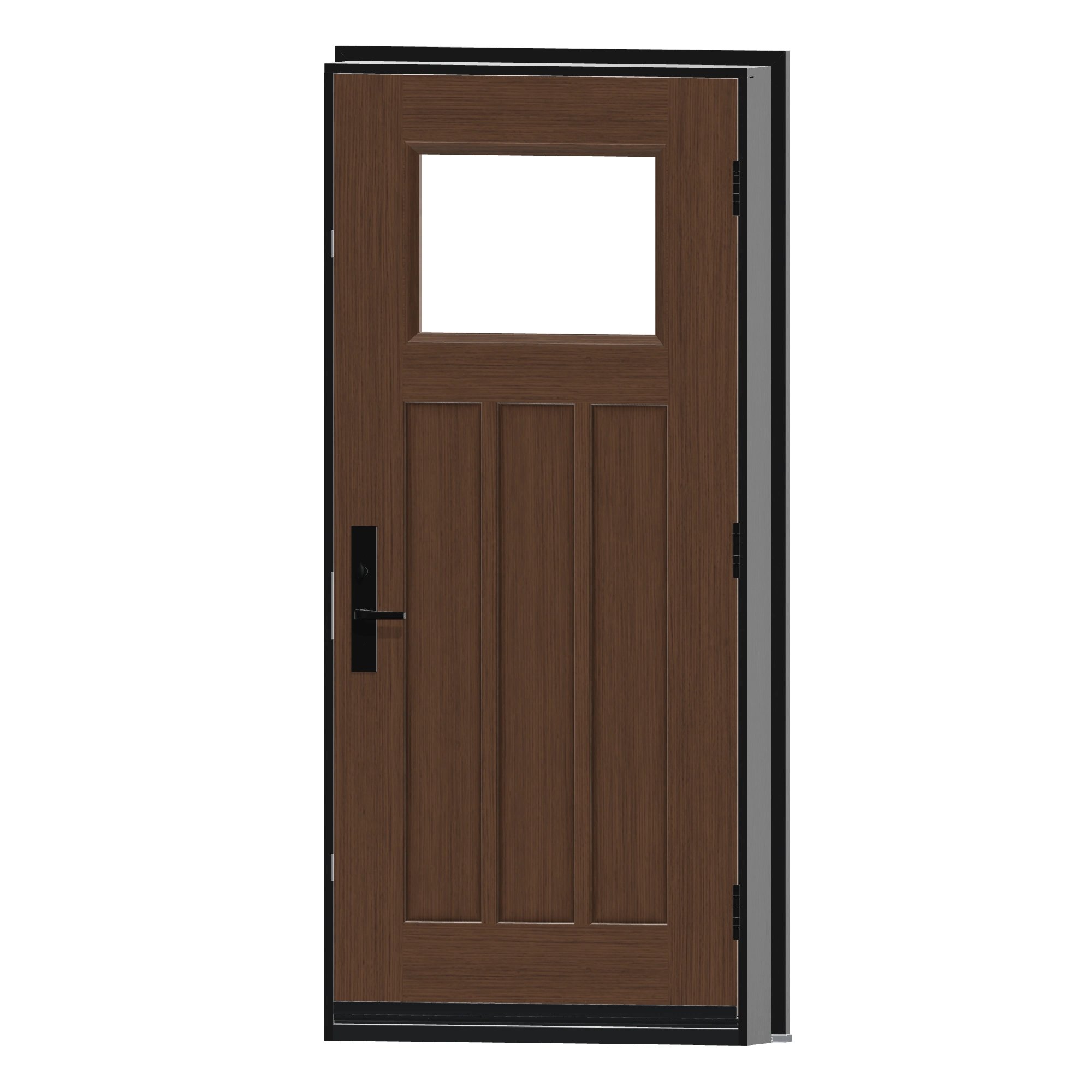 Angled interior view of 36 × 79 inch FG4H · Fir Craftsman three panel Fiberglass Entry Door