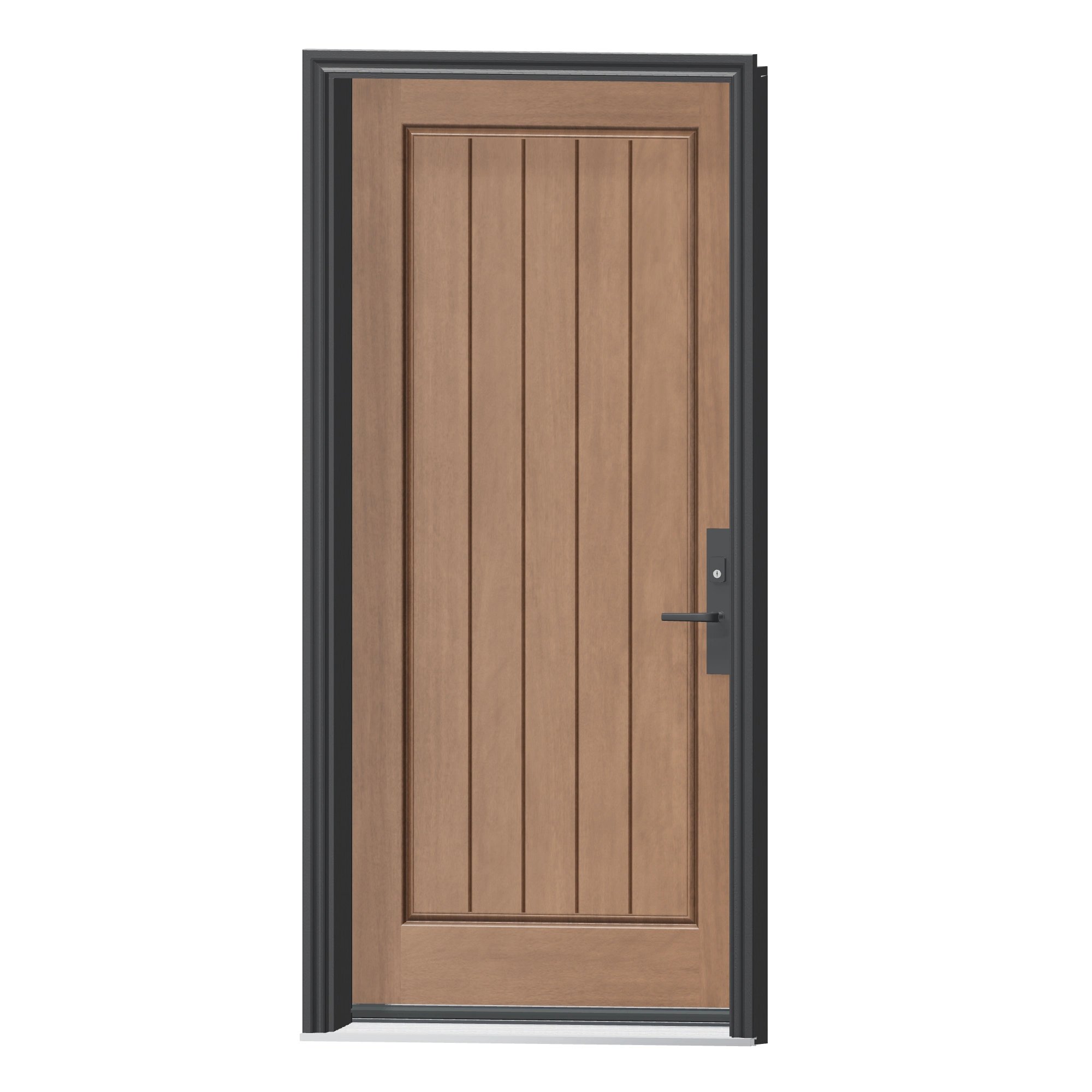 Angled exterior view of 36 × 79 inch RG21 · Rustic mahogany one panel plank Fiberglass Entry Door