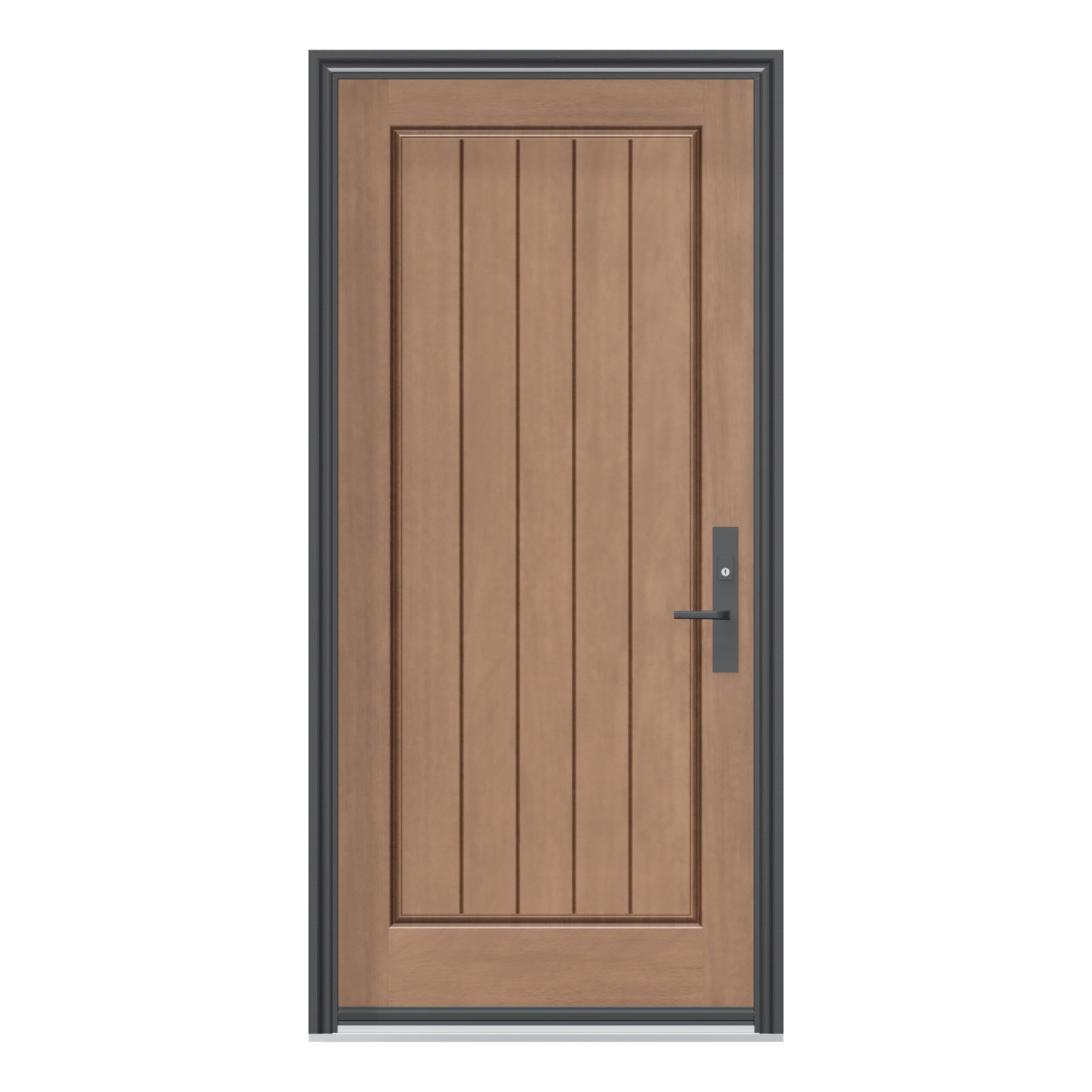 Straight exterior view of 36 × 79 inch RG21 · Rustic mahogany one panel plank Fiberglass Entry Door