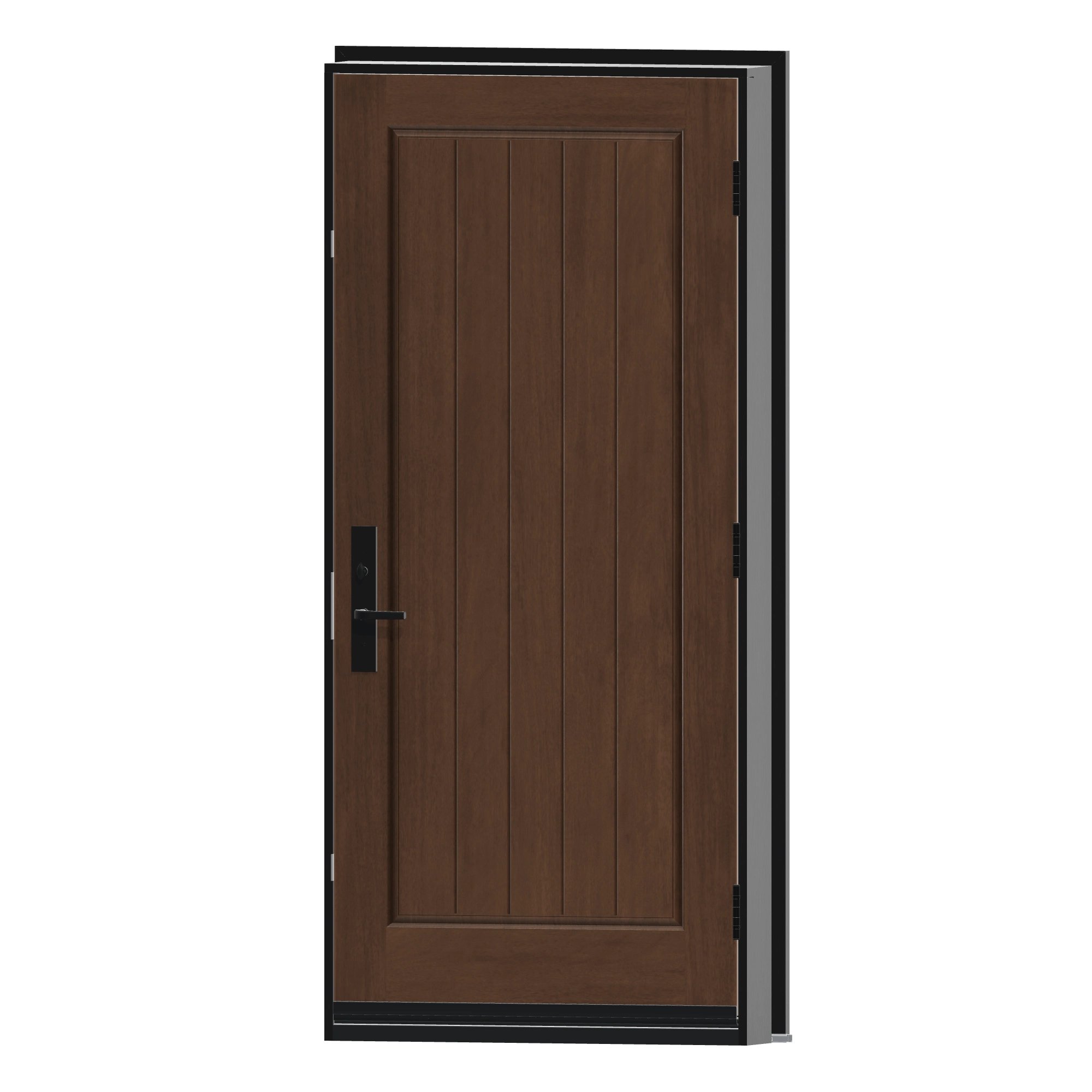 Angled interior view of 36 × 79 inch RG21 · Rustic mahogany one panel plank Fiberglass Entry Door