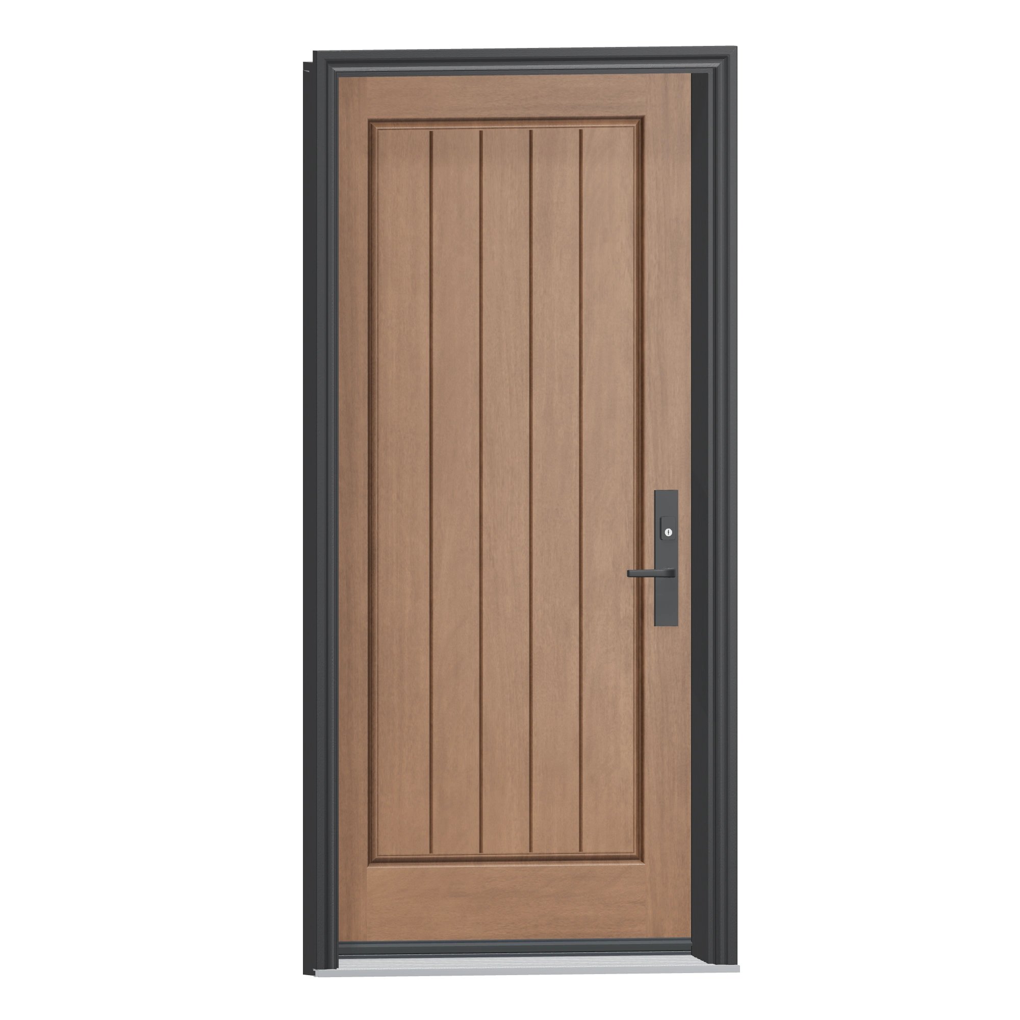 Opposite exterior angle of 36 × 79 inch RG21 · Rustic mahogany one panel plank Fiberglass Entry Door