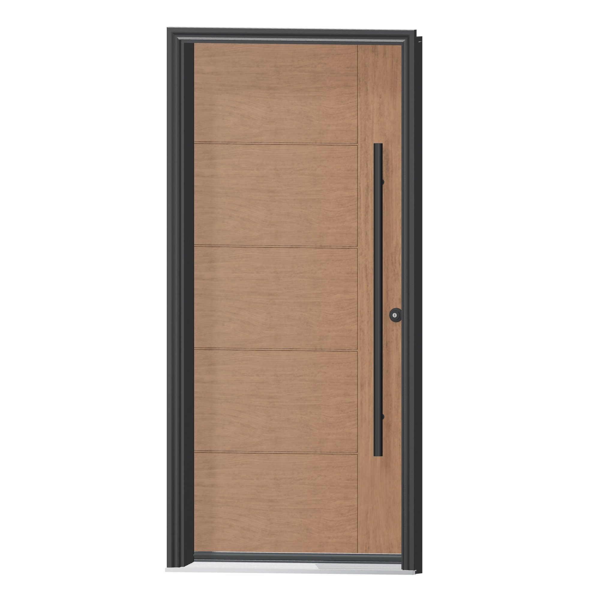 Angled exterior view of 36 × 79 inch TG71 · Modern teak Fiberglass Entry Door