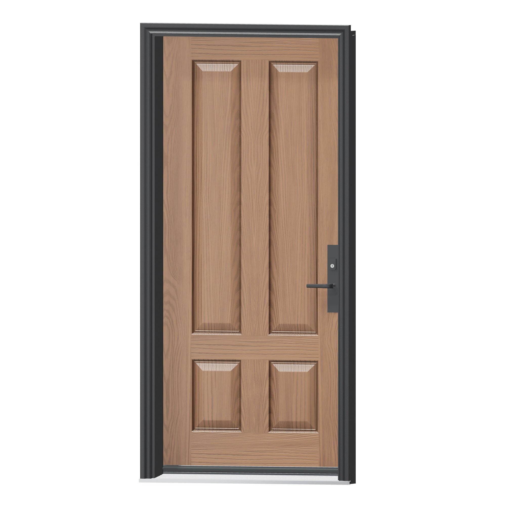 Angled exterior view of 36 × 79 inch WG49 · Four panel · three-quarter Fiberglass Entry Door