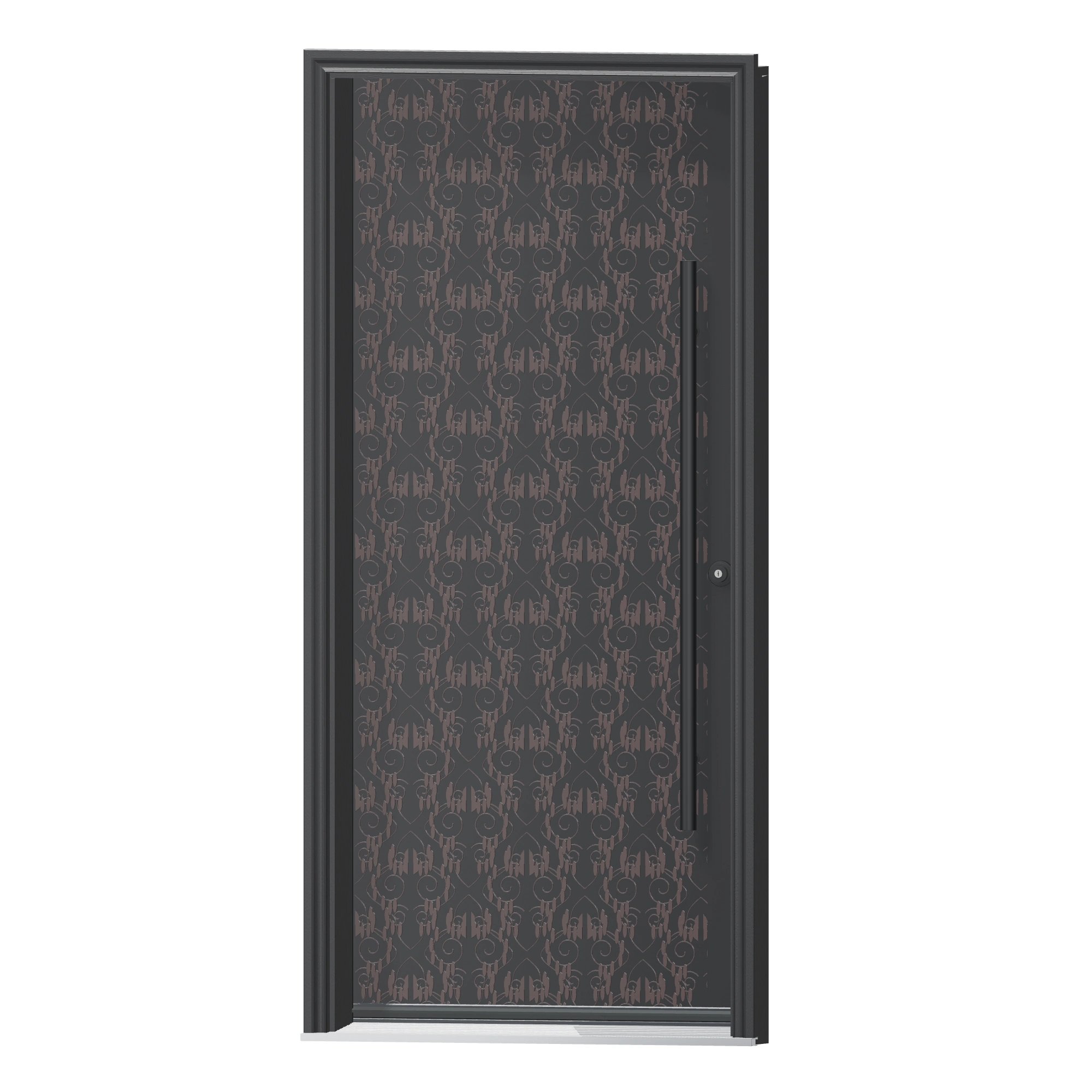 Angled exterior view of 36 × 79 inch Damask Fiberglass Entry Door