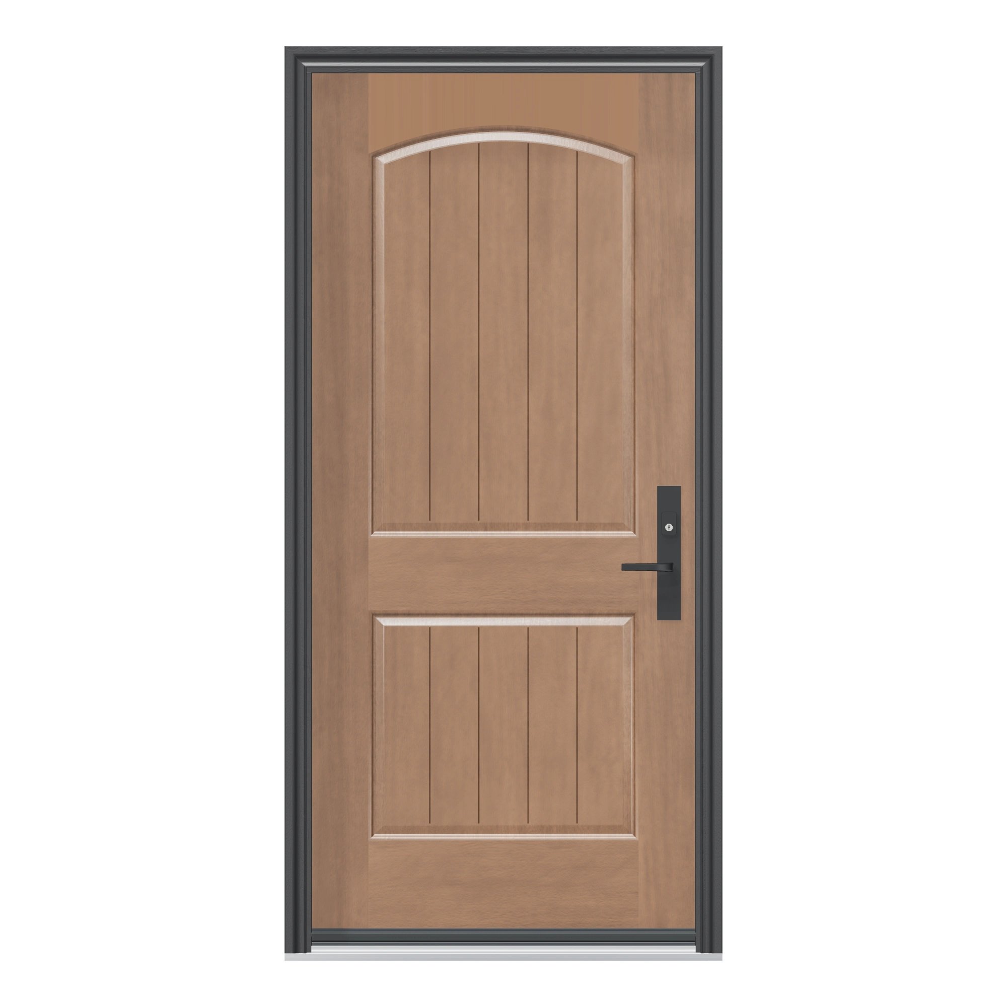Straight exterior view of 36 × 79 inch Two panel half · curved top with planks Fiberglass Entry Door