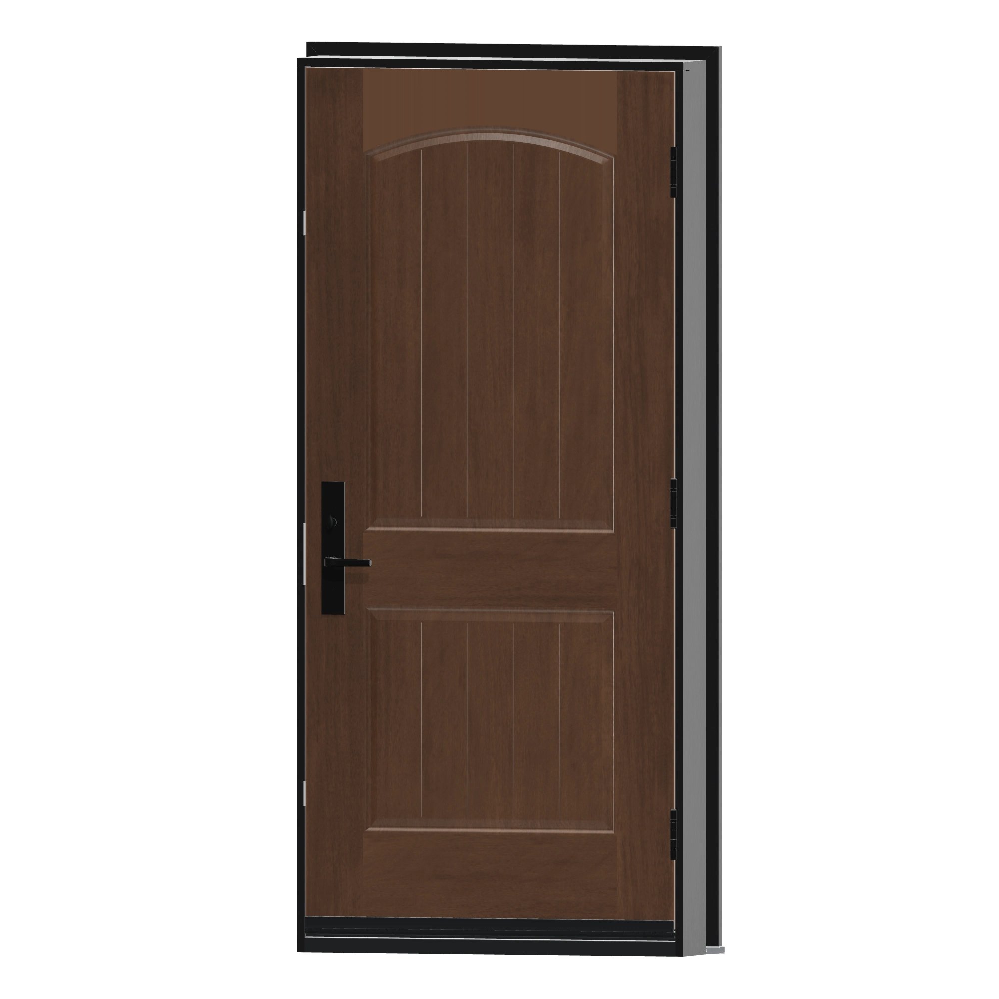 Angled interior view of 36 × 79 inch Two panel half · curved top with planks Fiberglass Entry Door