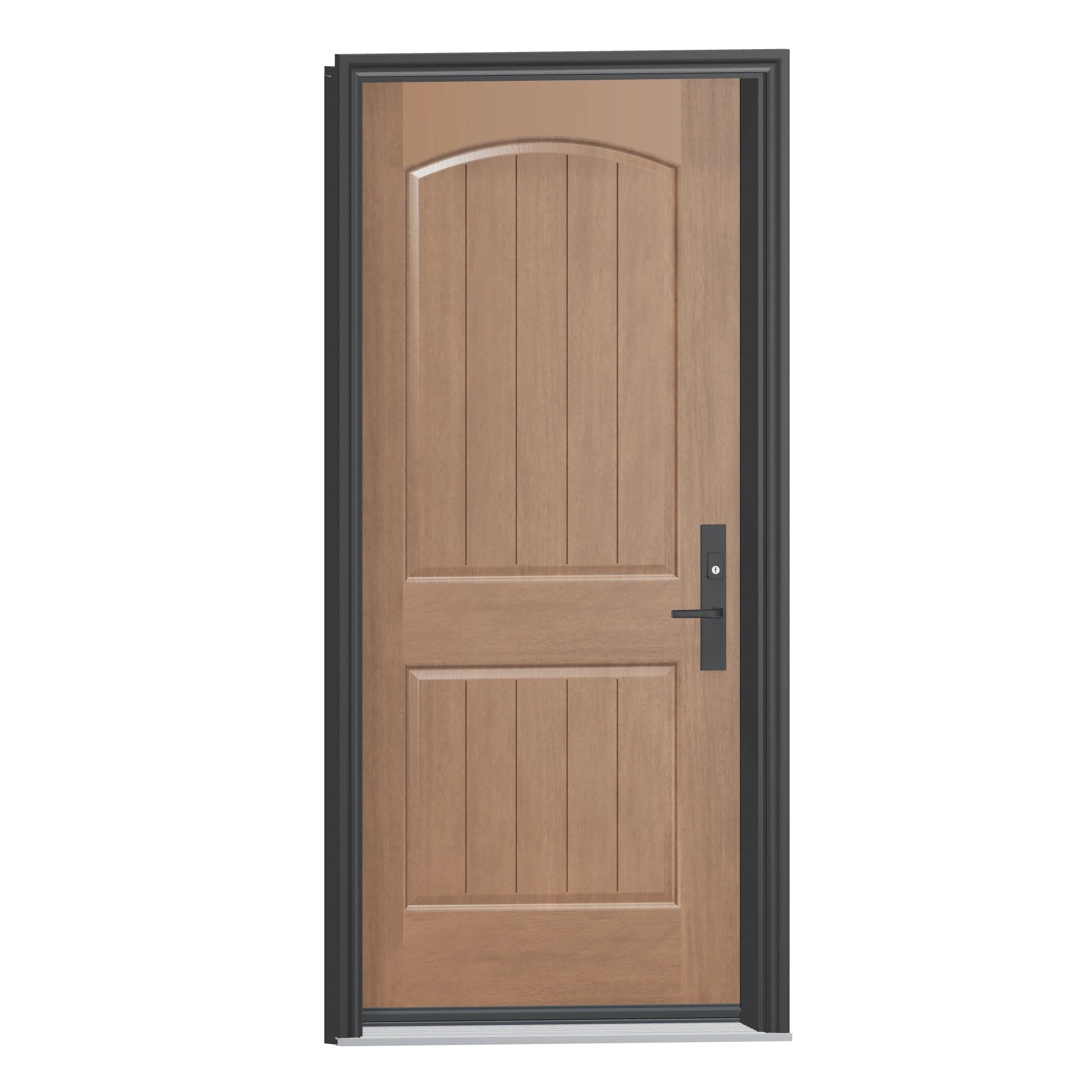 Opposite exterior angle of 36 × 79 inch Two panel half · curved top with planks Fiberglass Entry Door