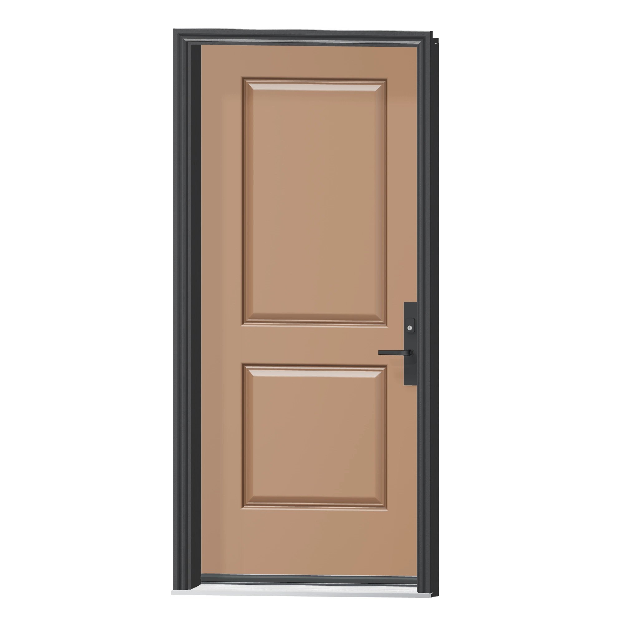 Angled exterior view of 36 × 79 inch SMO22 · Half two panel Fiberglass Entry Door