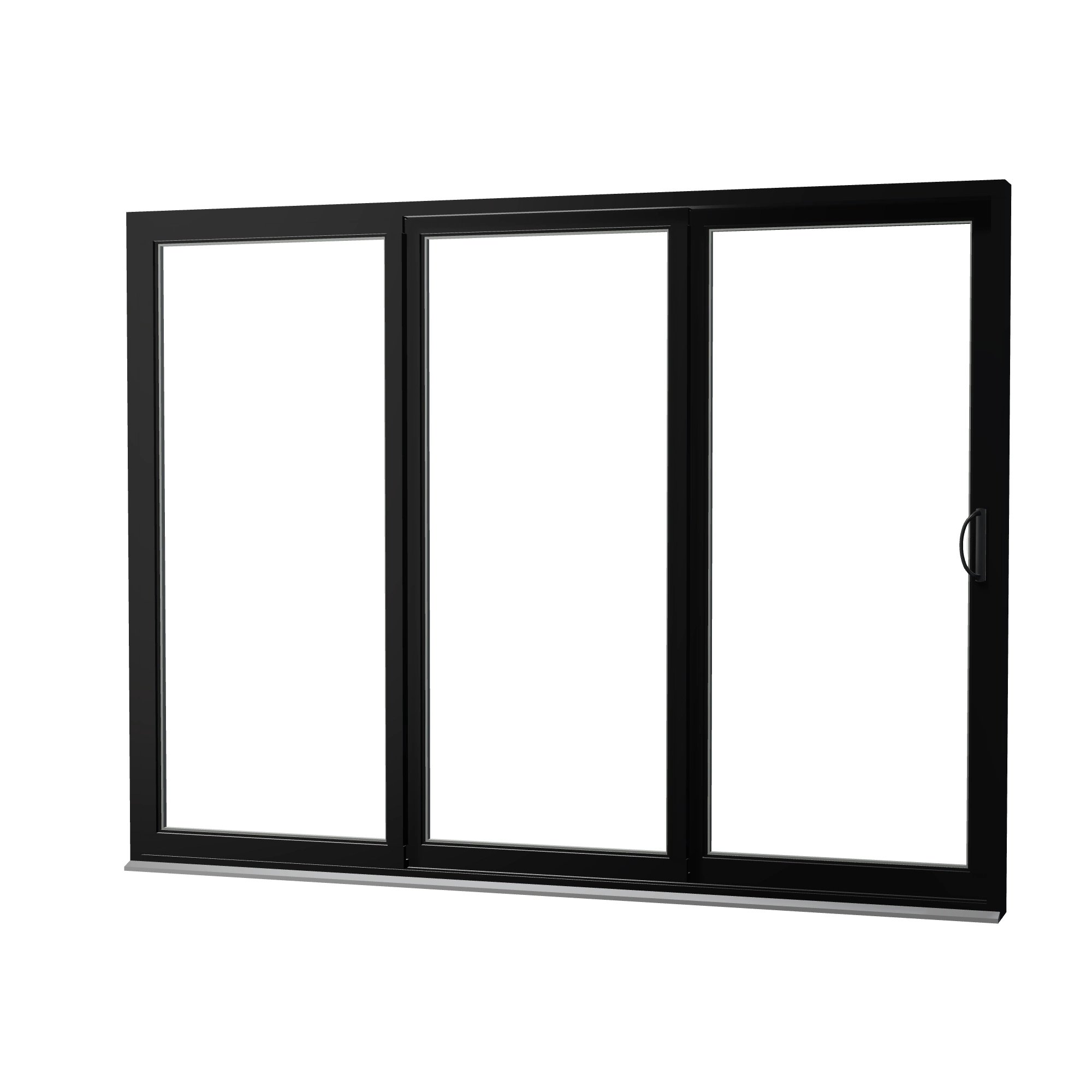 Angled exterior view of Rimini 104.44 × 79.25 inch 3-Panel OXX Vinyl Sliding Patio Door — Black / White