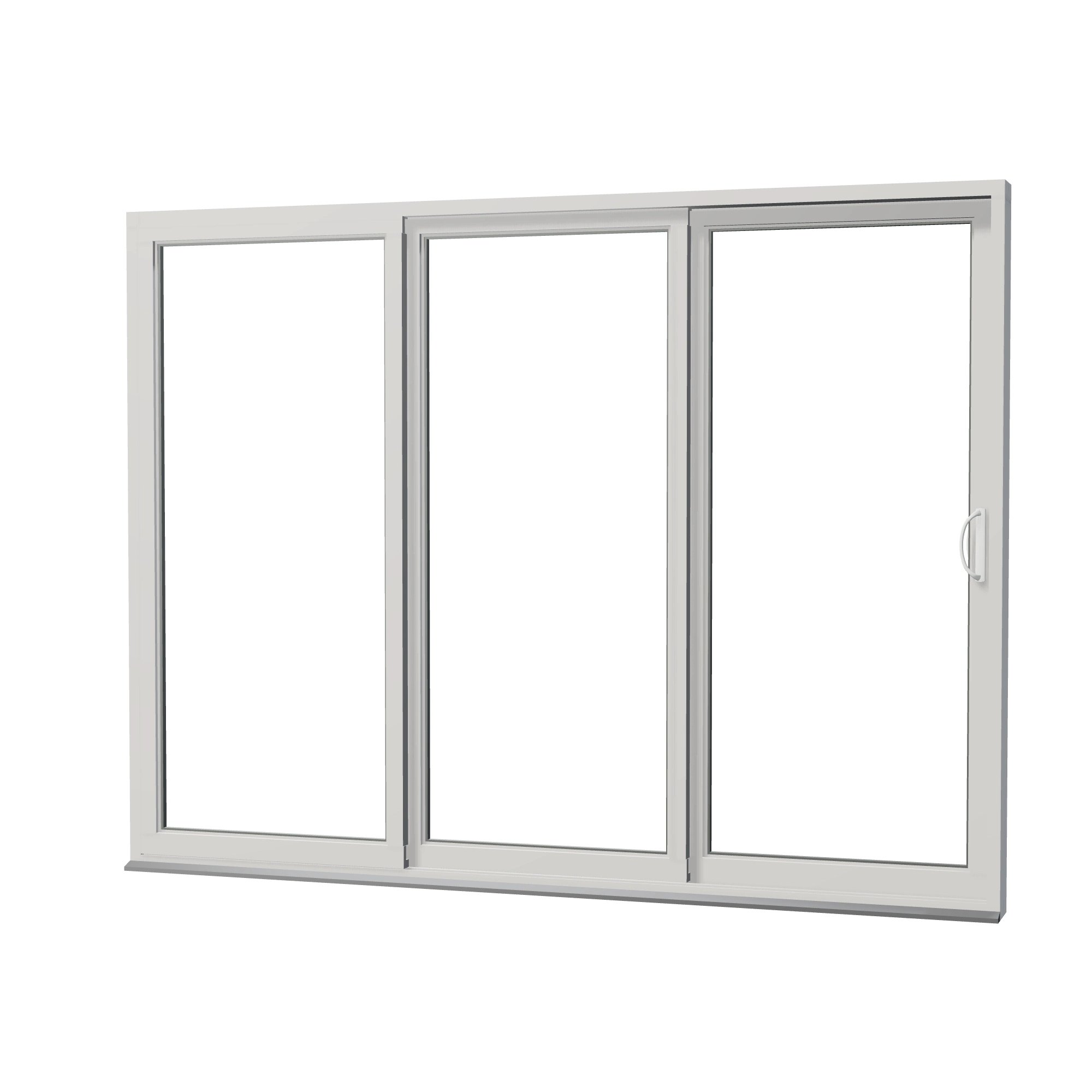 Angled exterior view of Rimini 104.44 × 79.25 inch 3-Panel OXX Vinyl Sliding Patio Door — White / White