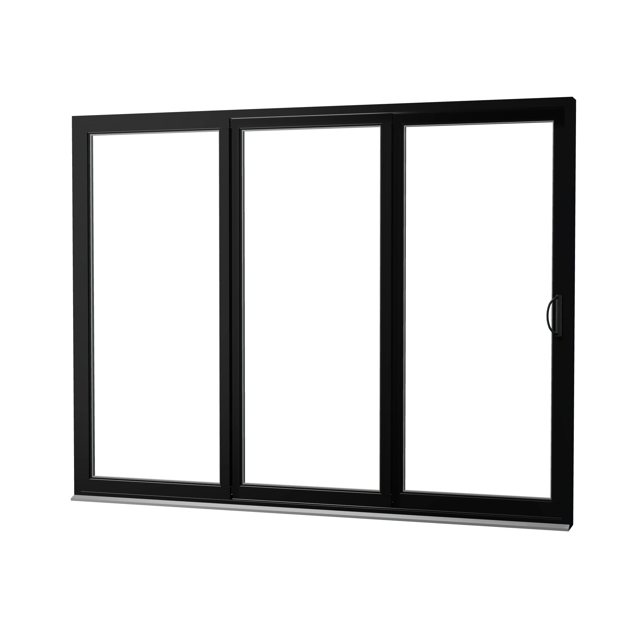 Angled exterior view of Rimini 104.44 × 81.25 inch 3-Panel OXX Vinyl Sliding Patio Door — Black / White