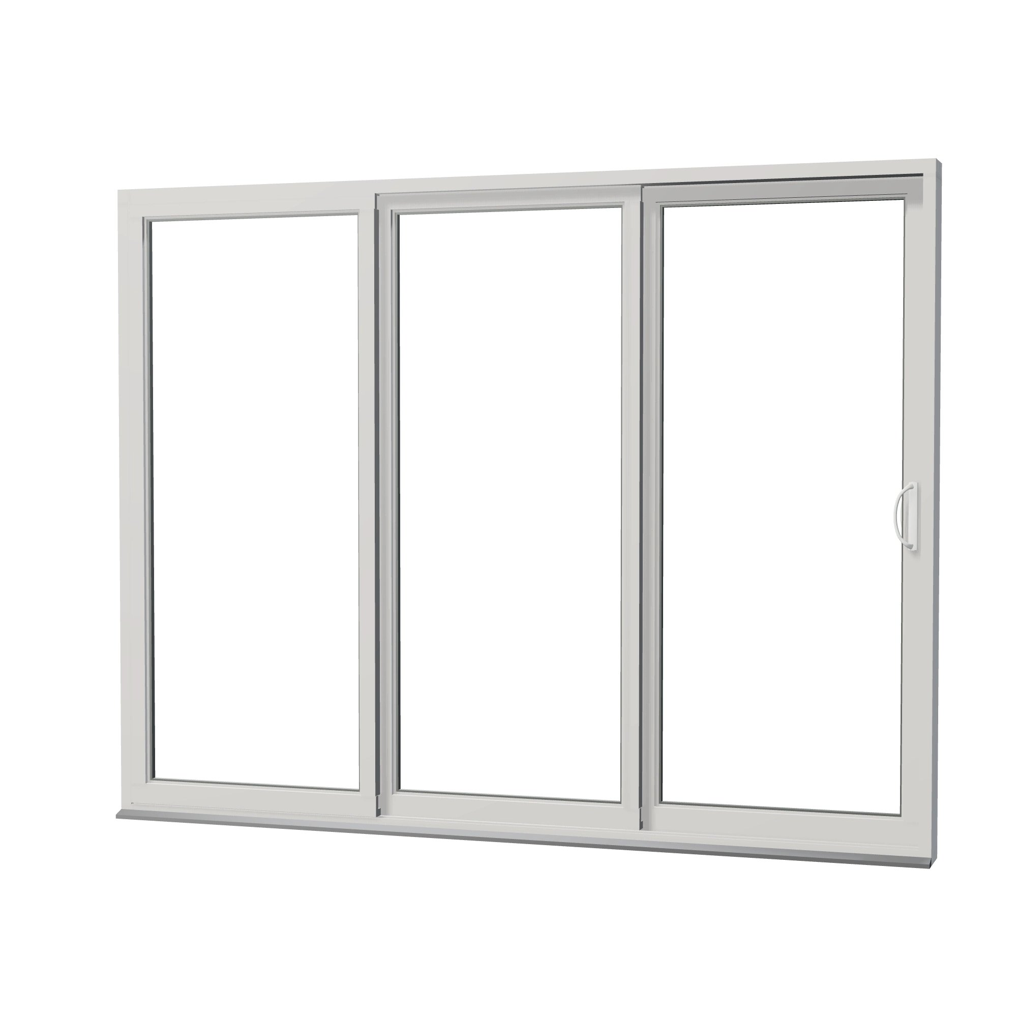 Angled exterior view of Rimini 104.44 × 81.25 inch 3-Panel OXX Vinyl Sliding Patio Door — White / White