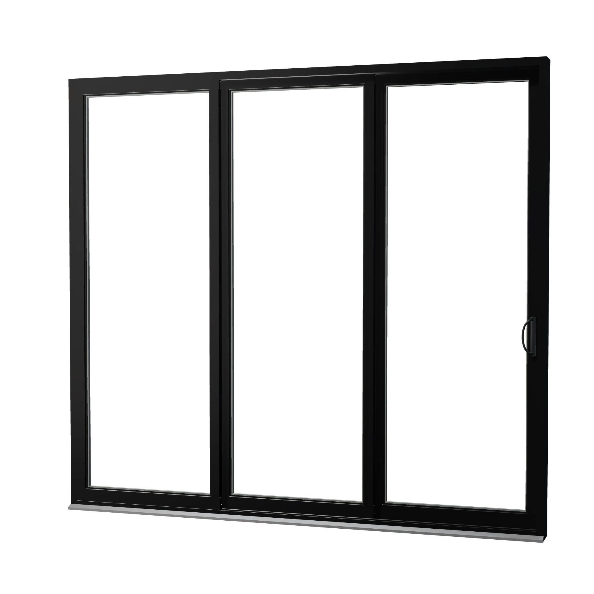 Angled exterior view of Rimini 104.44 × 95.25 inch 3-Panel OXX Vinyl Sliding Patio Door — Black / White