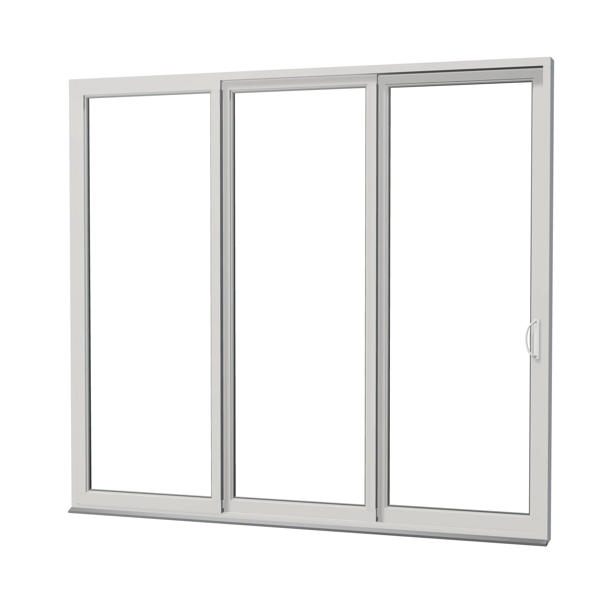 Angled exterior view of Rimini 104.44 × 95.25 inch 3-Panel OXX Vinyl Sliding Patio Door — White / White