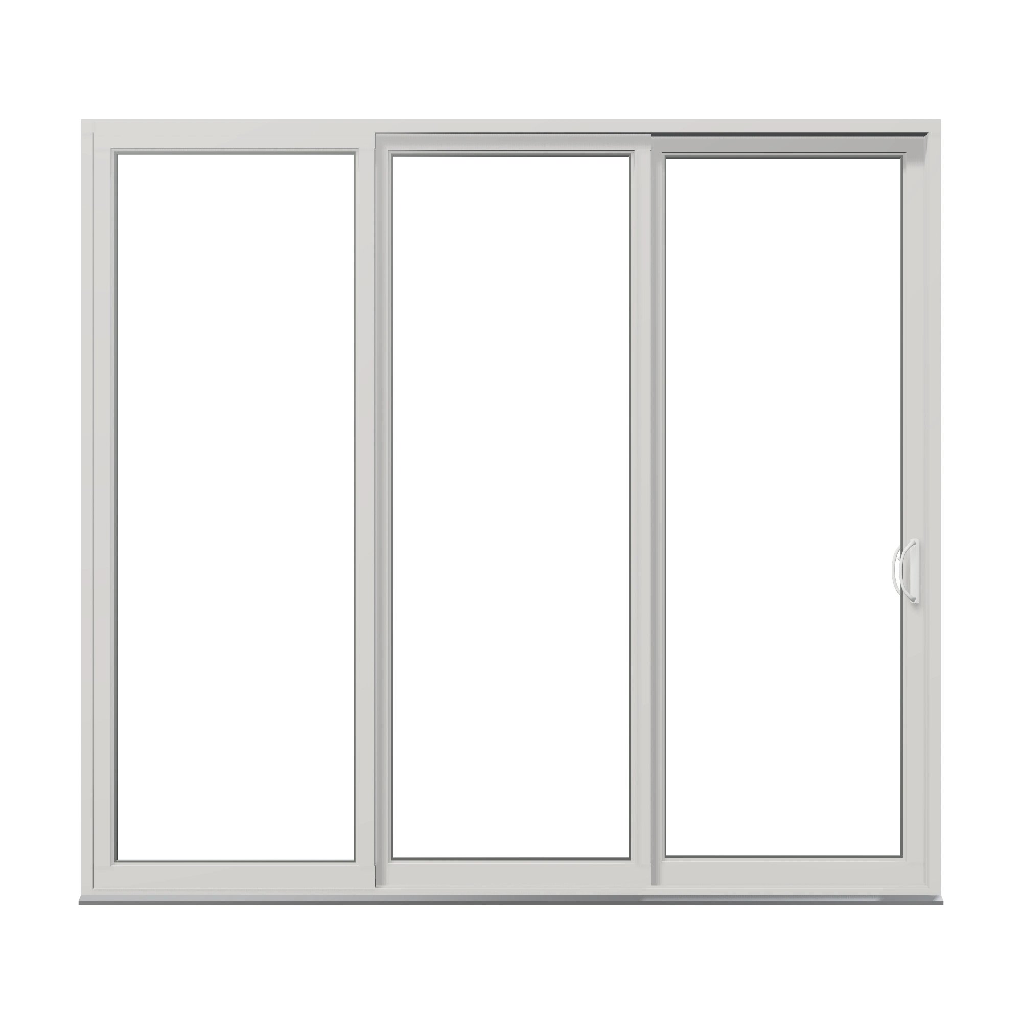 Straight exterior view of Rimini 104.44 × 95.25 inch 3-Panel OXX Vinyl Sliding Patio Door — White / White