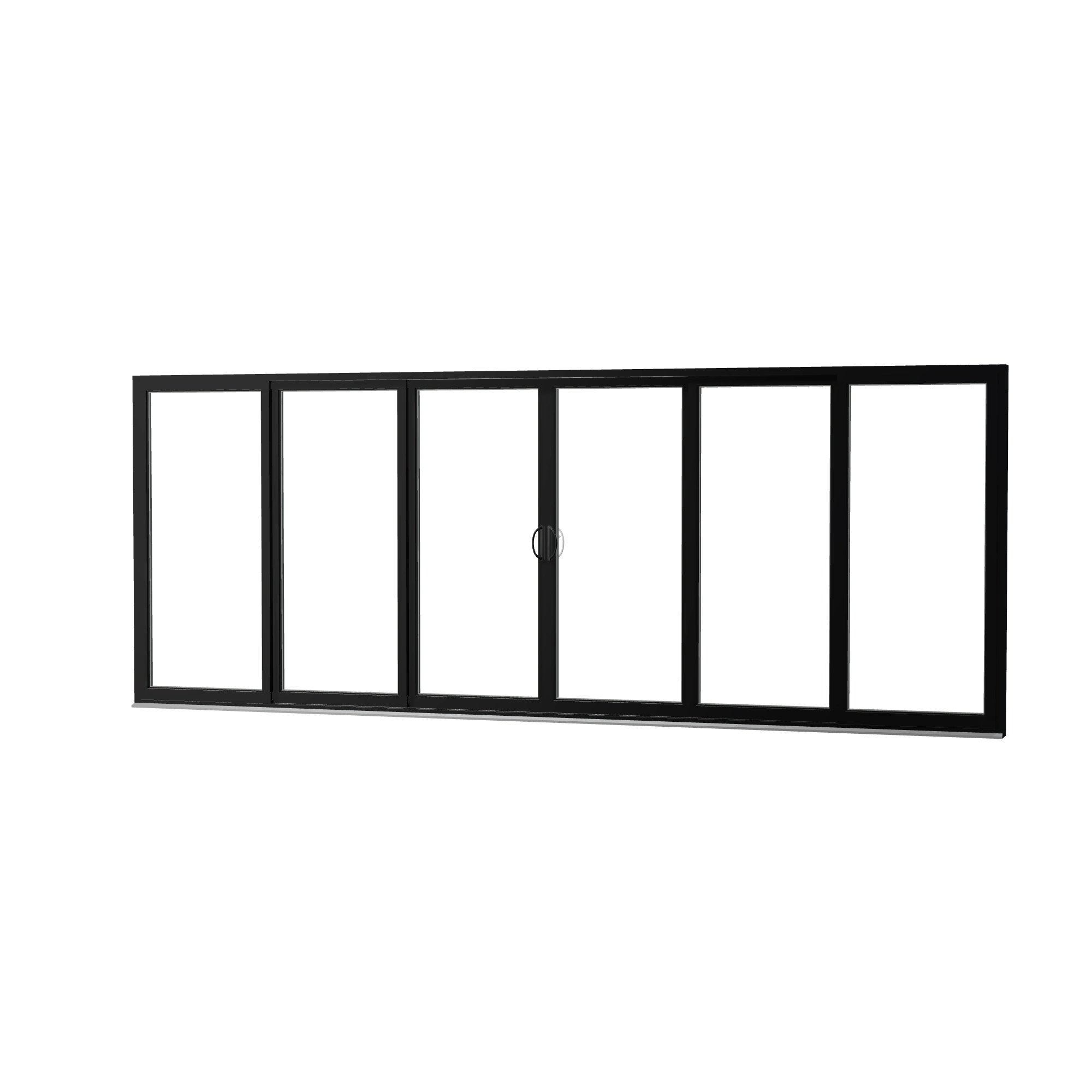 Angled exterior view of Rimini 206.19 × 79.25 inch 6-Panel OXXXXO Vinyl Sliding Patio Door — Black / White