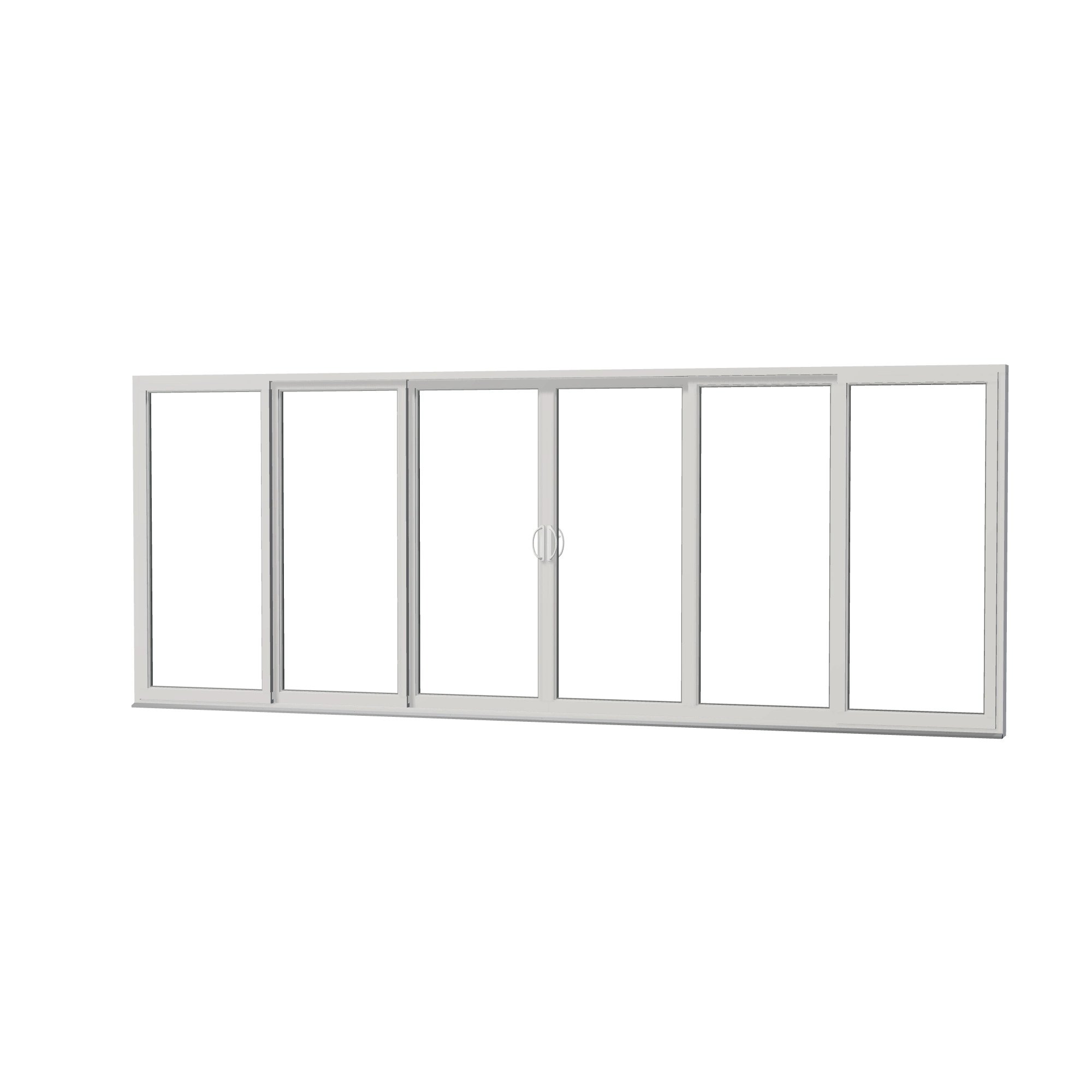 Angled exterior view of Rimini 206.19 × 79.25 inch 6-Panel OXXXXO Vinyl Sliding Patio Door — White / White