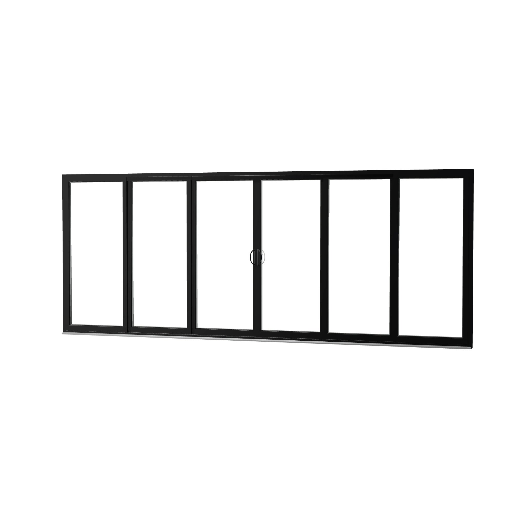 Angled exterior view of Rimini 206.19 × 81.25 inch 6-Panel OXXXXO Vinyl Sliding Patio Door — Black / White
