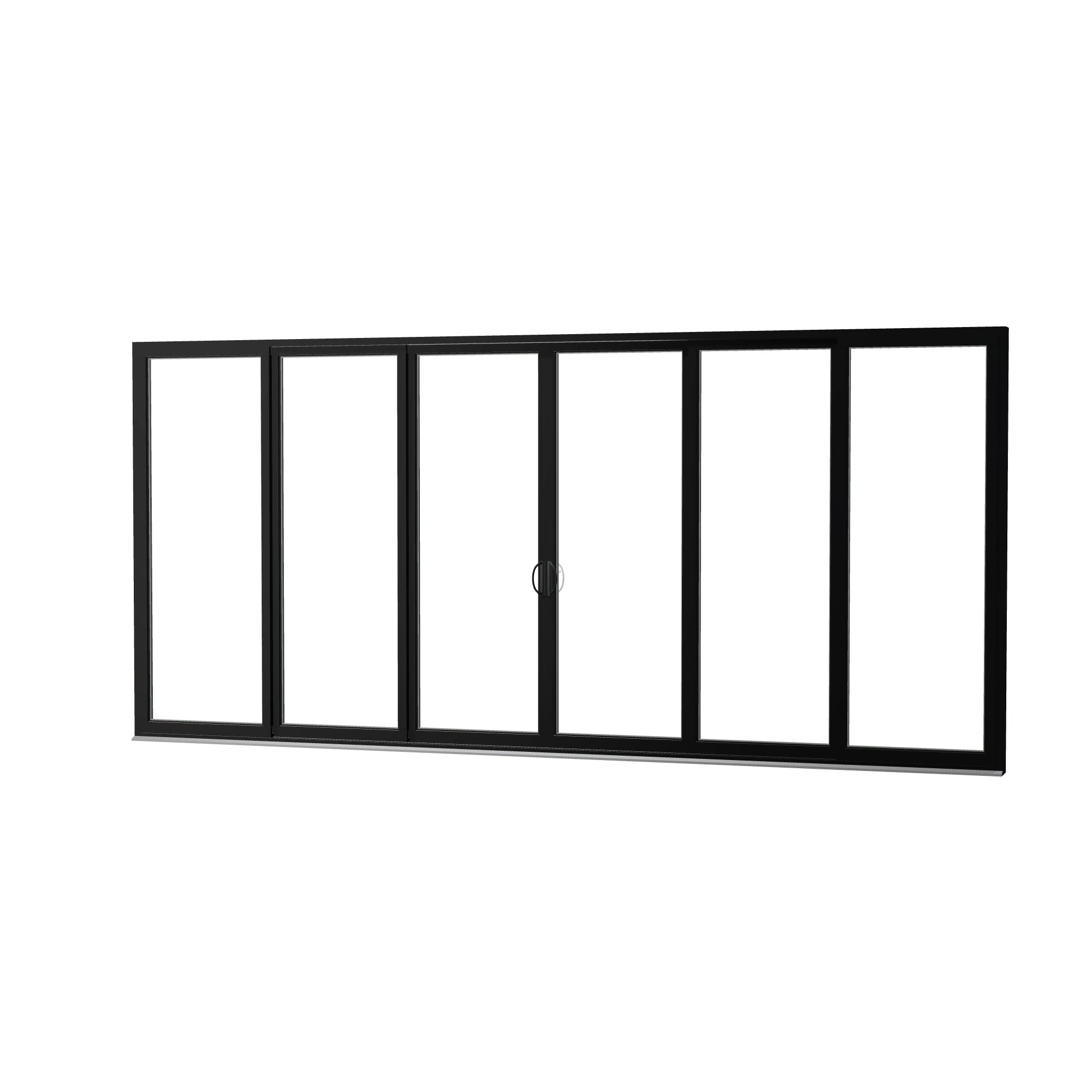 Angled exterior view of Rimini 206.19 × 95.25 inch 6-Panel OXXXXO Vinyl Sliding Patio Door — Black / White