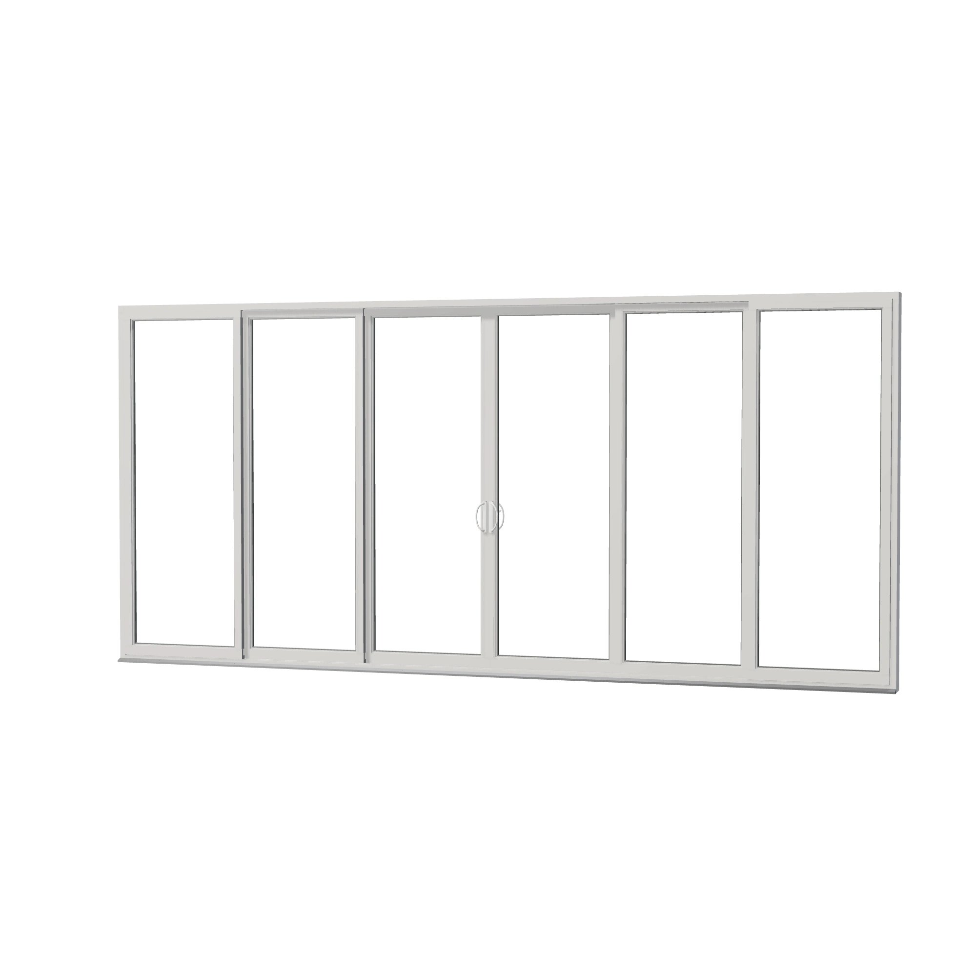 Angled exterior view of Rimini 206.19 × 95.25 inch 6-Panel OXXXXO Vinyl Sliding Patio Door — White / White