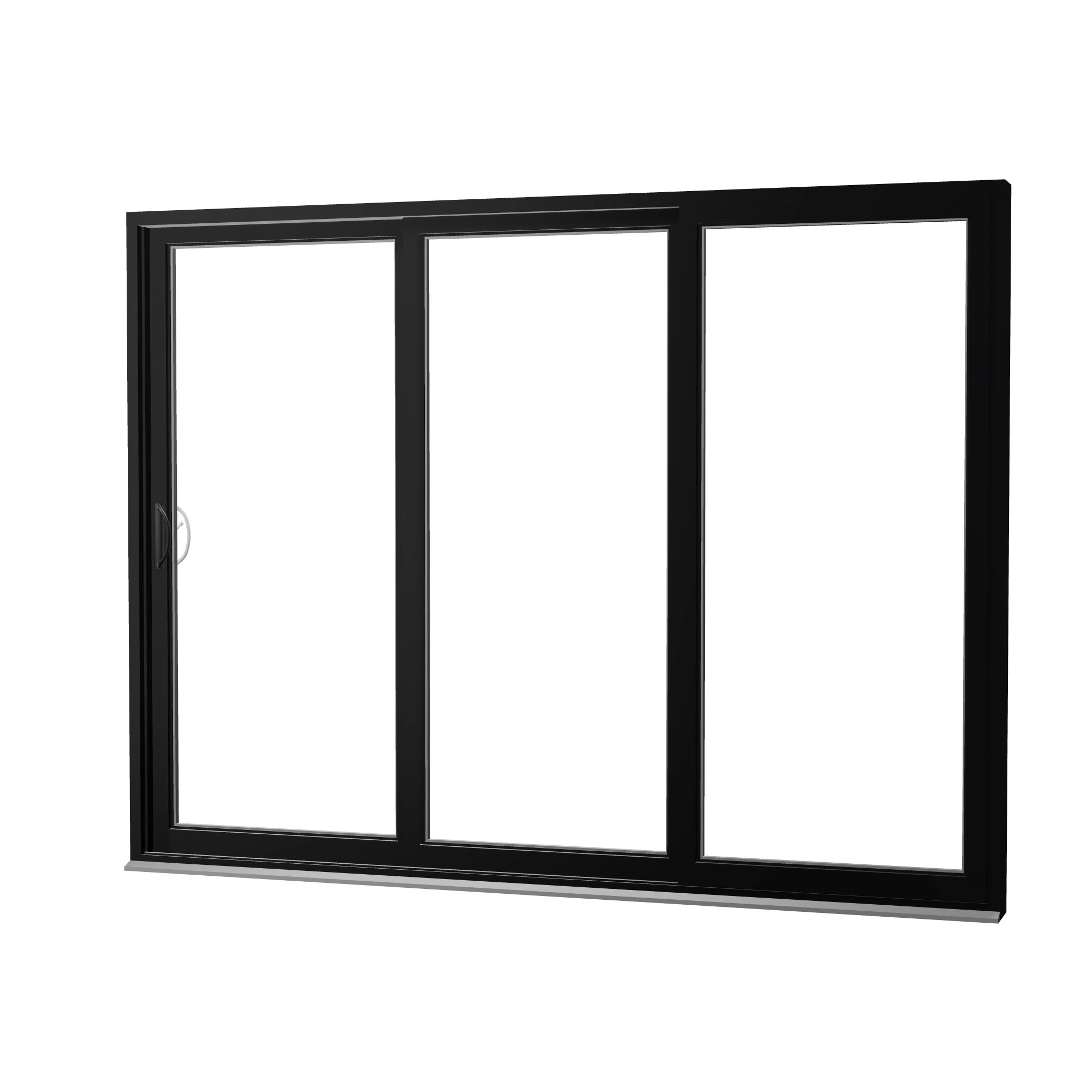 Angled exterior view of Rimini 104.44 × 79.25 inch 3-Panel XXO Vinyl Sliding Patio Door — Black / White