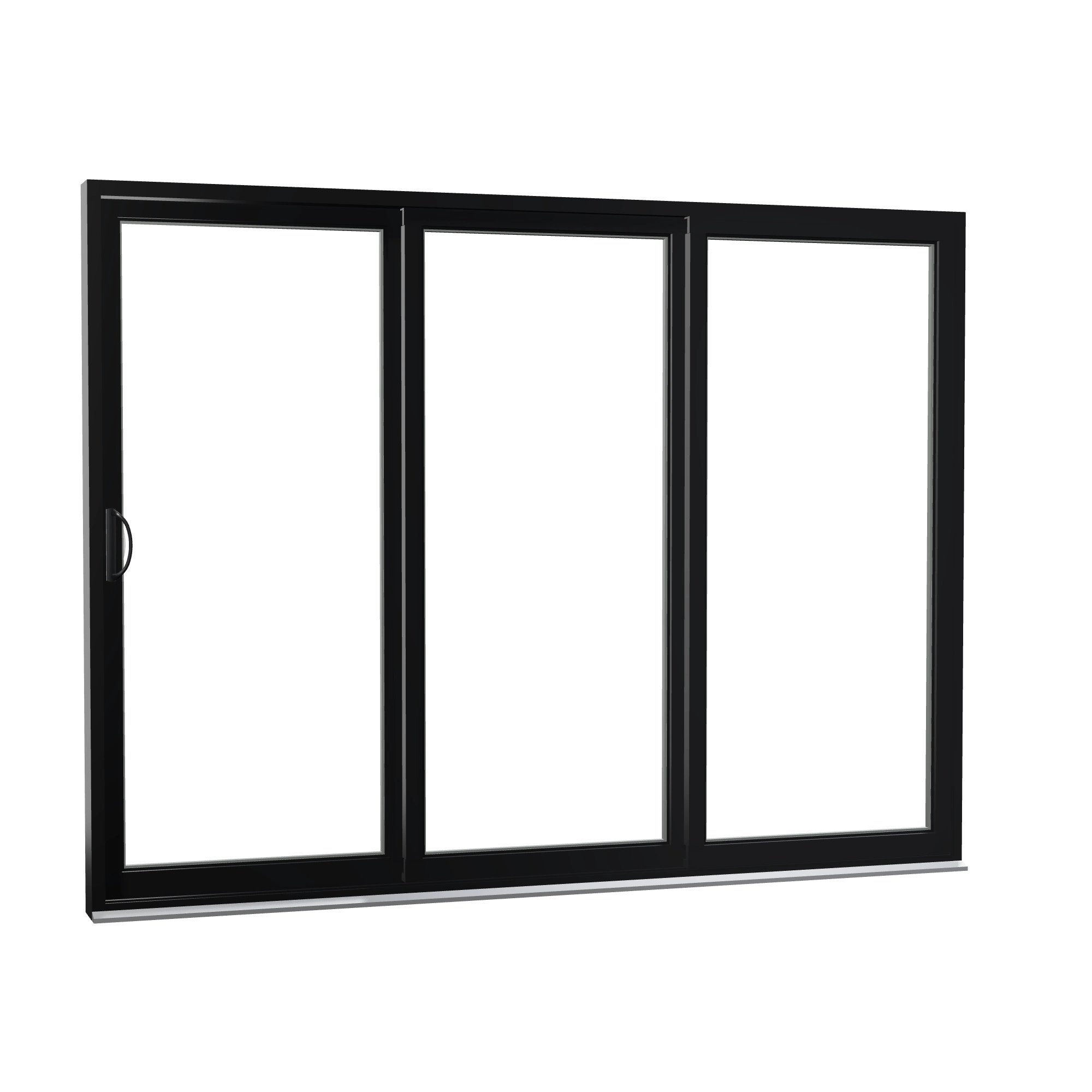 Opposite exterior angle of Rimini 104.44 × 79.25 inch 3-Panel XXO Vinyl Sliding Patio Door — Black / White