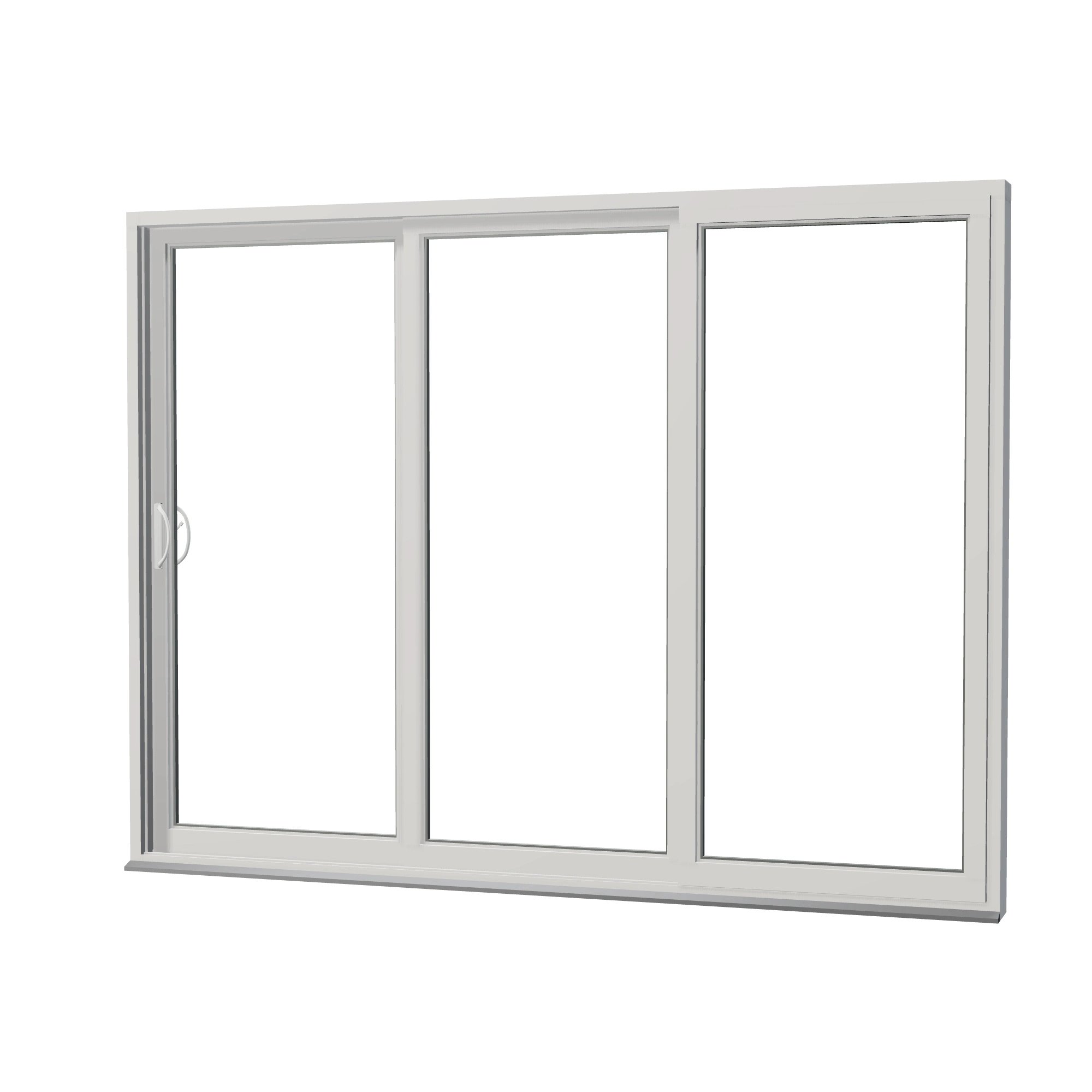 Angled exterior view of Rimini 104.44 × 79.25 inch 3-Panel XXO Vinyl Sliding Patio Door — White / White