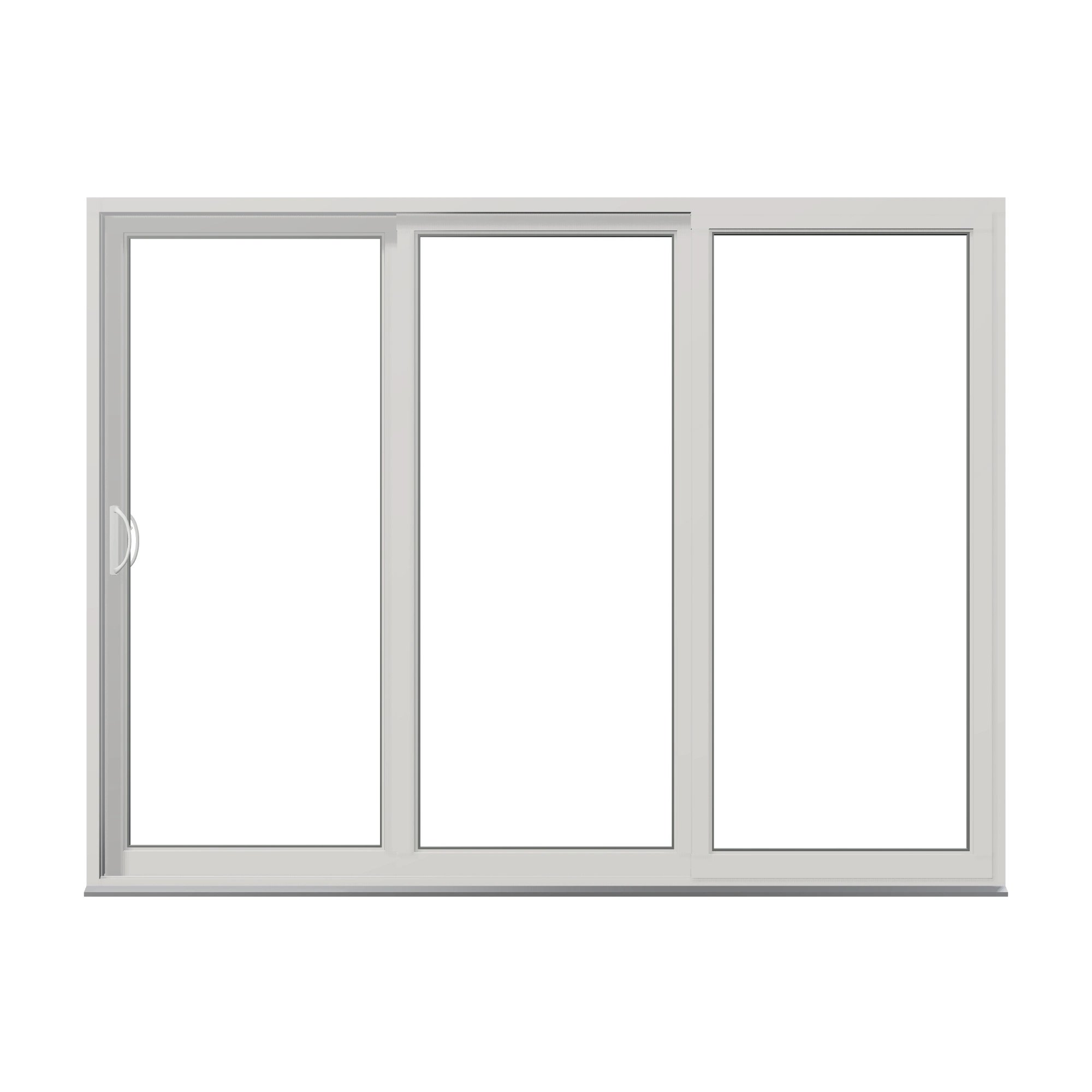 Straight exterior view of Rimini 104.44 × 79.25 inch 3-Panel XXO Vinyl Sliding Patio Door — White / White