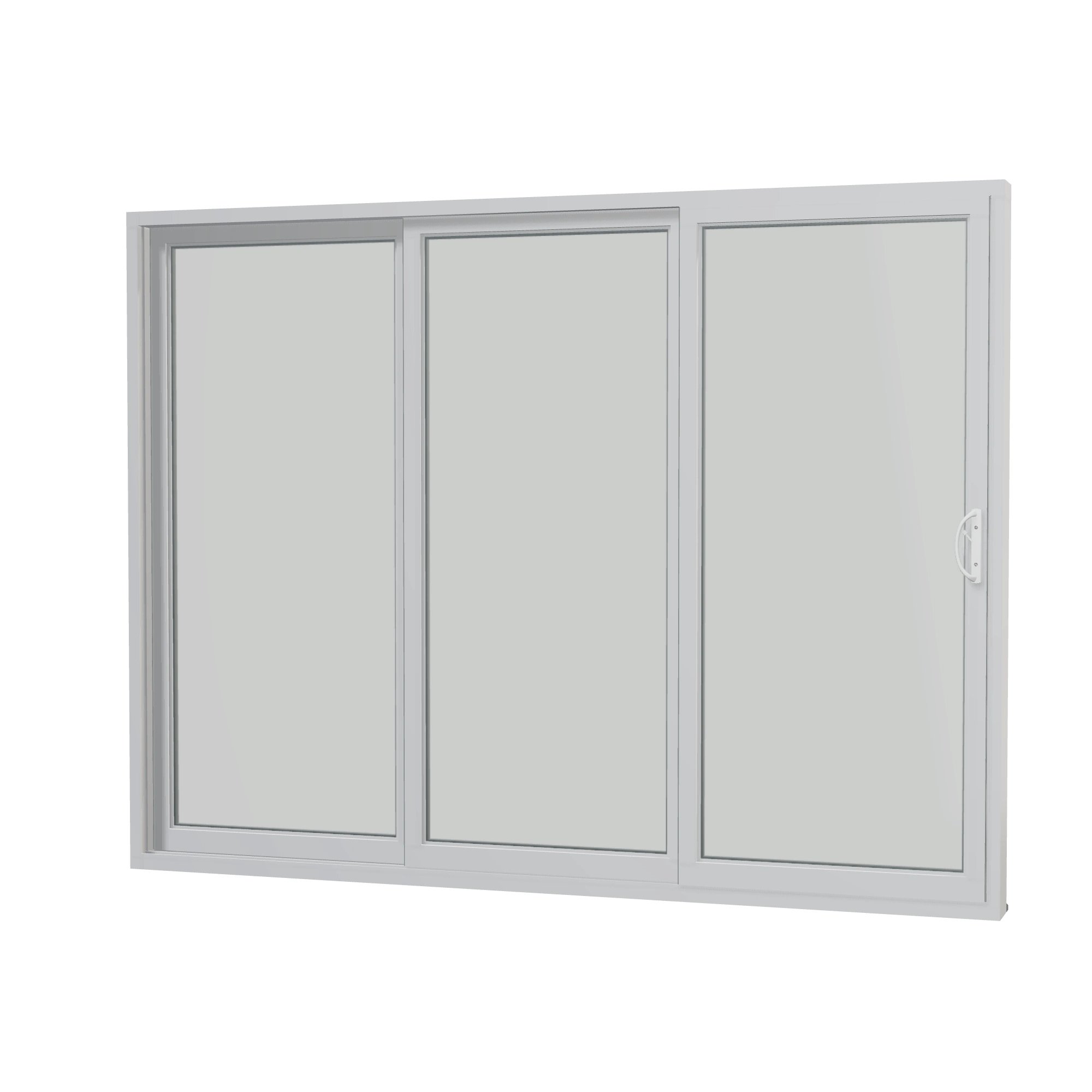 Angled interior view of Rimini 104.44 × 79.25 inch 3-Panel XXO Vinyl Sliding Patio Door — White / White