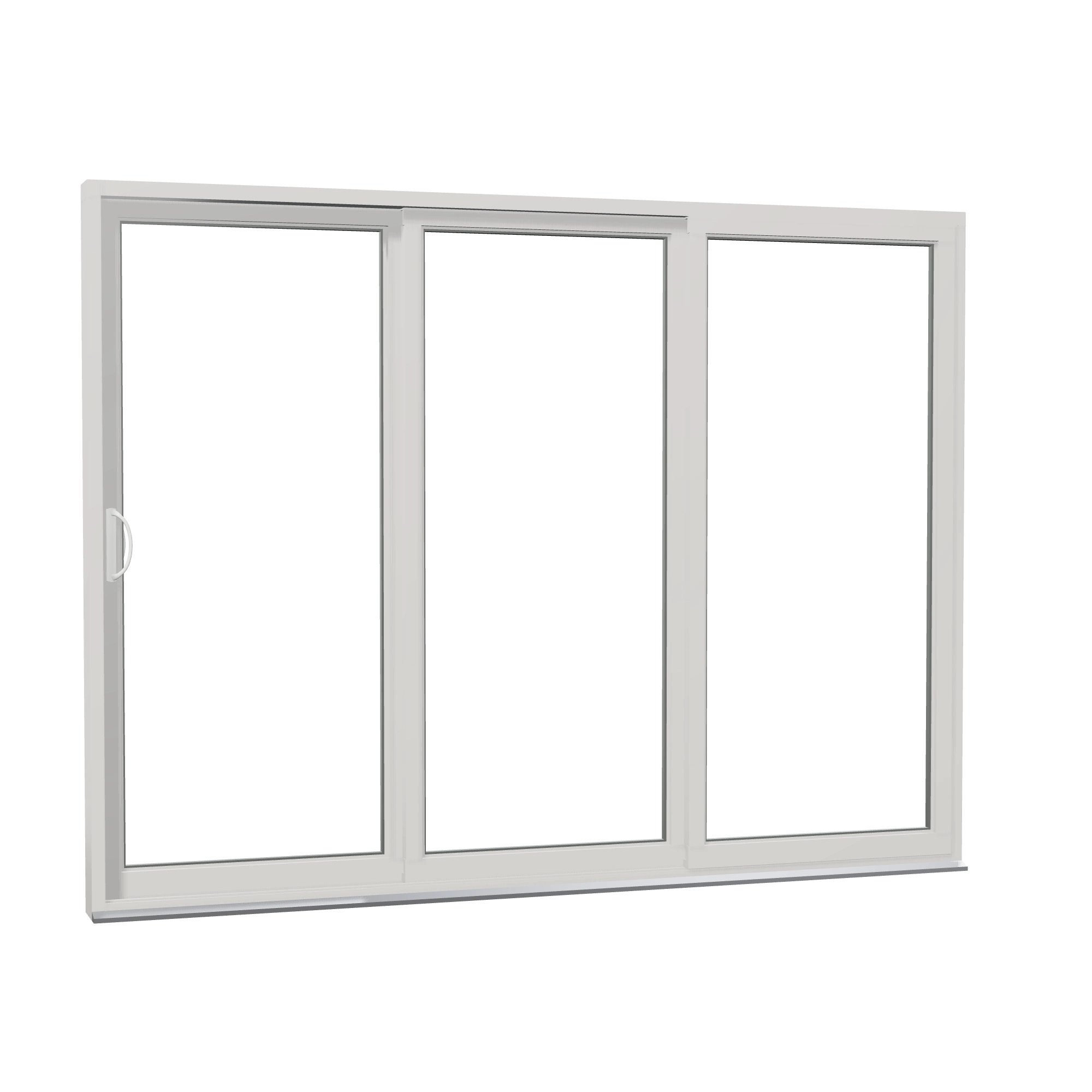 Opposite exterior angle of Rimini 104.44 × 79.25 inch 3-Panel XXO Vinyl Sliding Patio Door — White / White