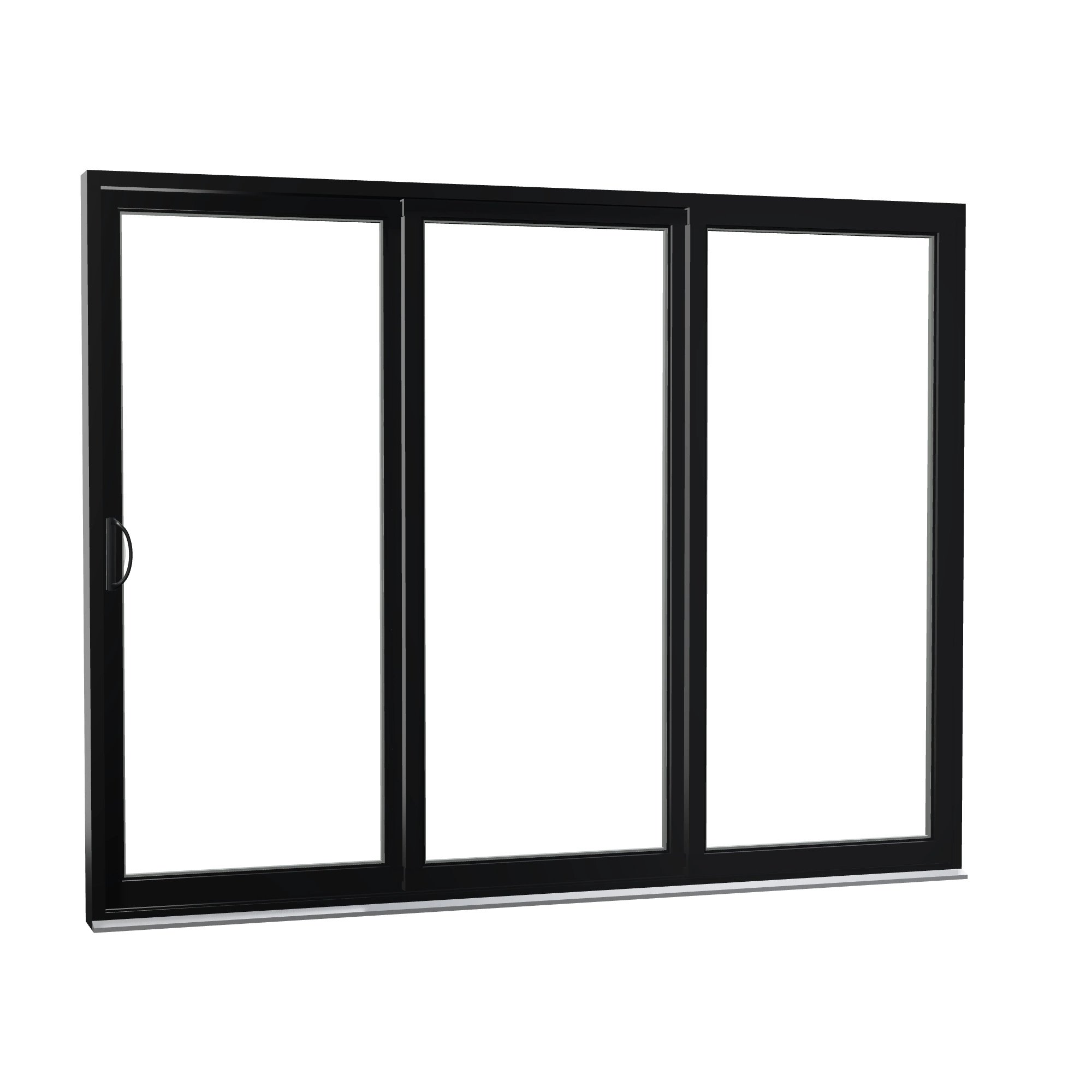 Opposite exterior angle of Rimini 104.44 × 81.25 inch 3-Panel XXO Vinyl Sliding Patio Door — Black / White