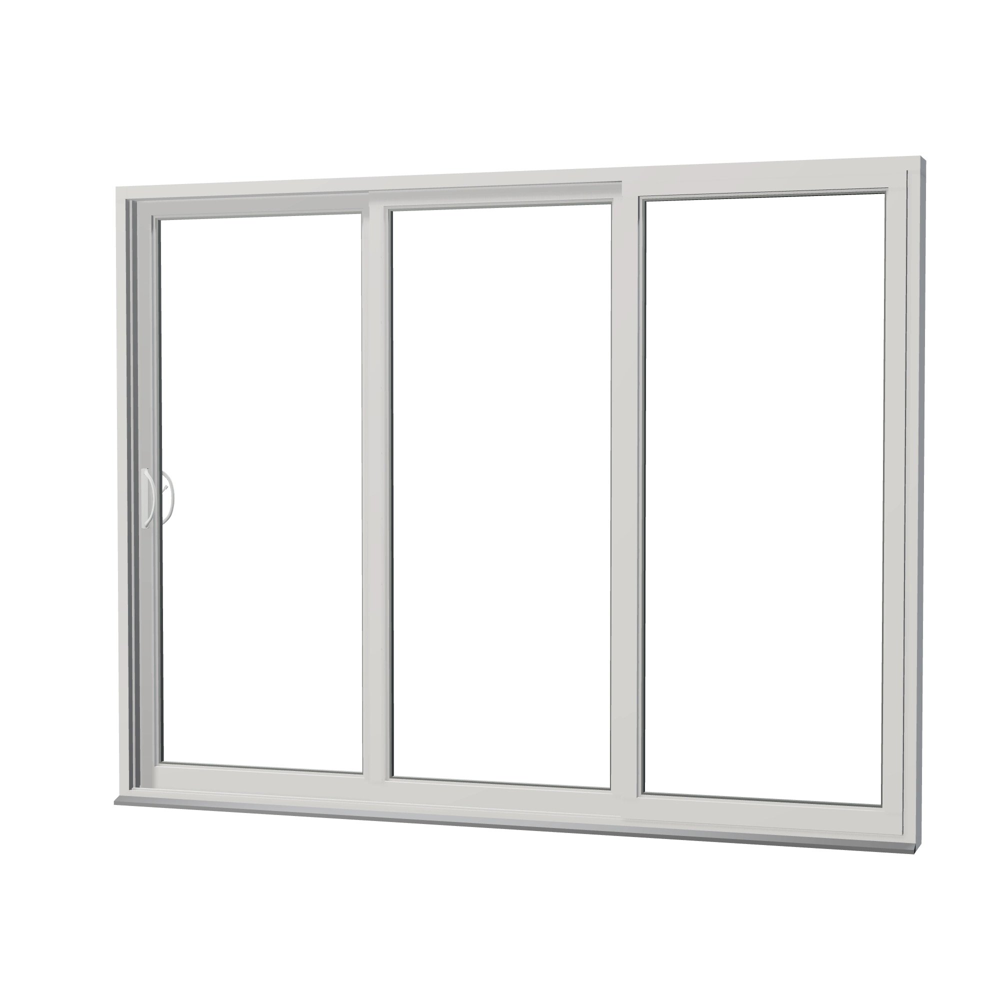 Angled exterior view of Rimini 104.44 × 81.25 inch 3-Panel XXO Vinyl Sliding Patio Door — White / White