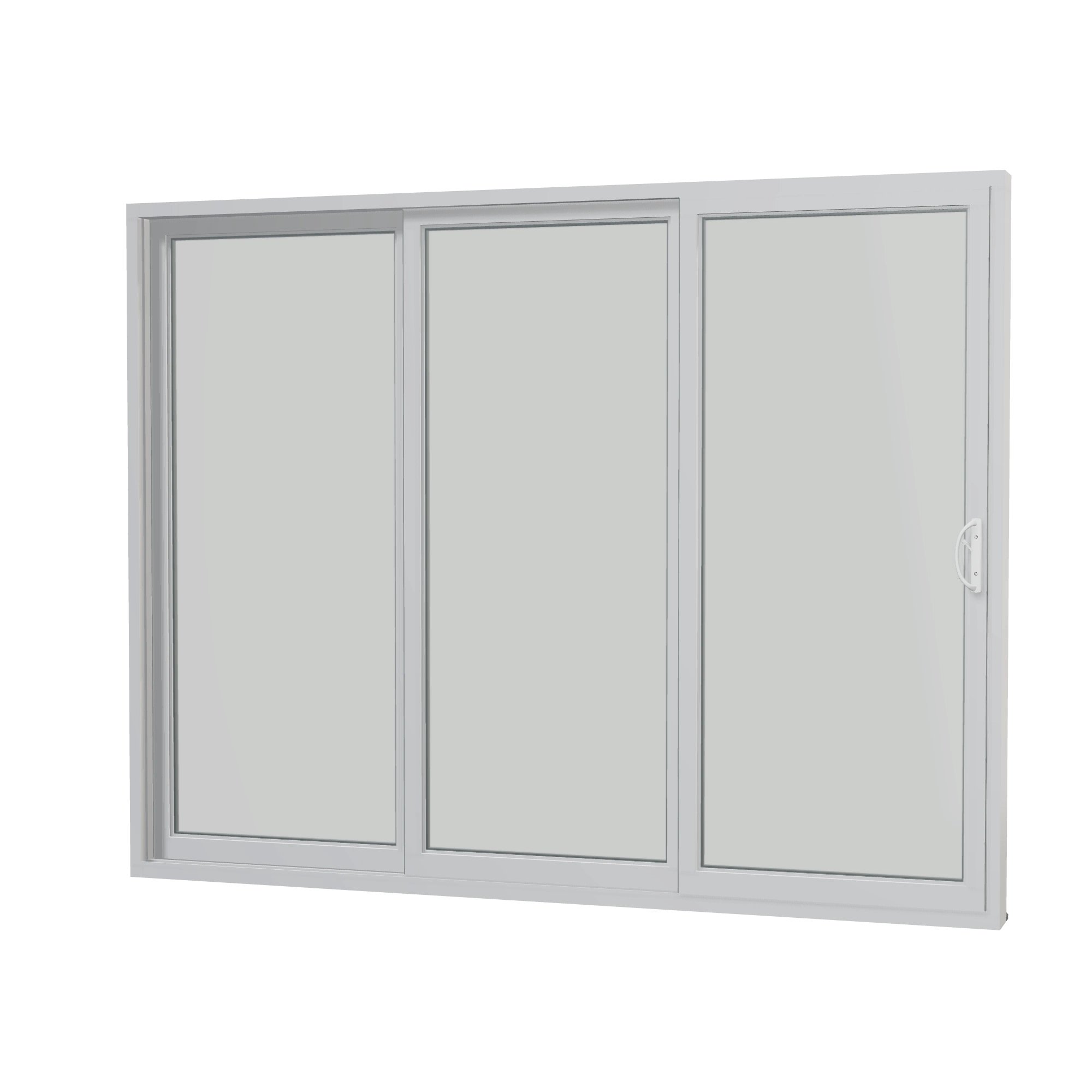 Angled interior view of Rimini 104.44 × 81.25 inch 3-Panel XXO Vinyl Sliding Patio Door — White / White