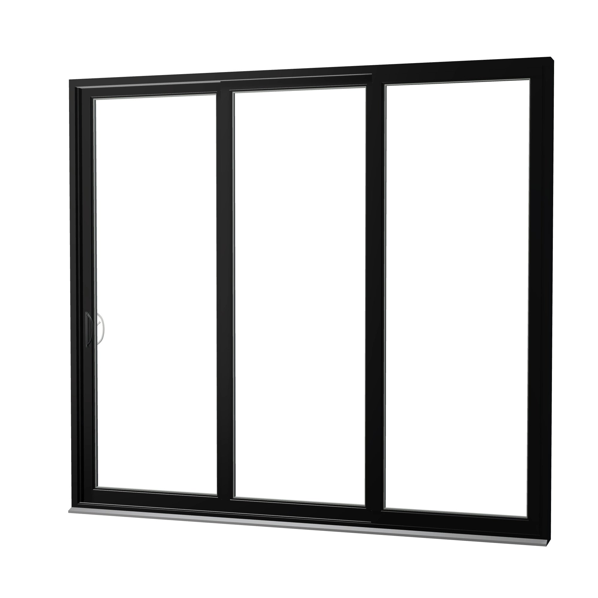 Angled exterior view of Rimini 104.44 × 95.25 inch 3-Panel XXO Vinyl Sliding Patio Door — Black / White