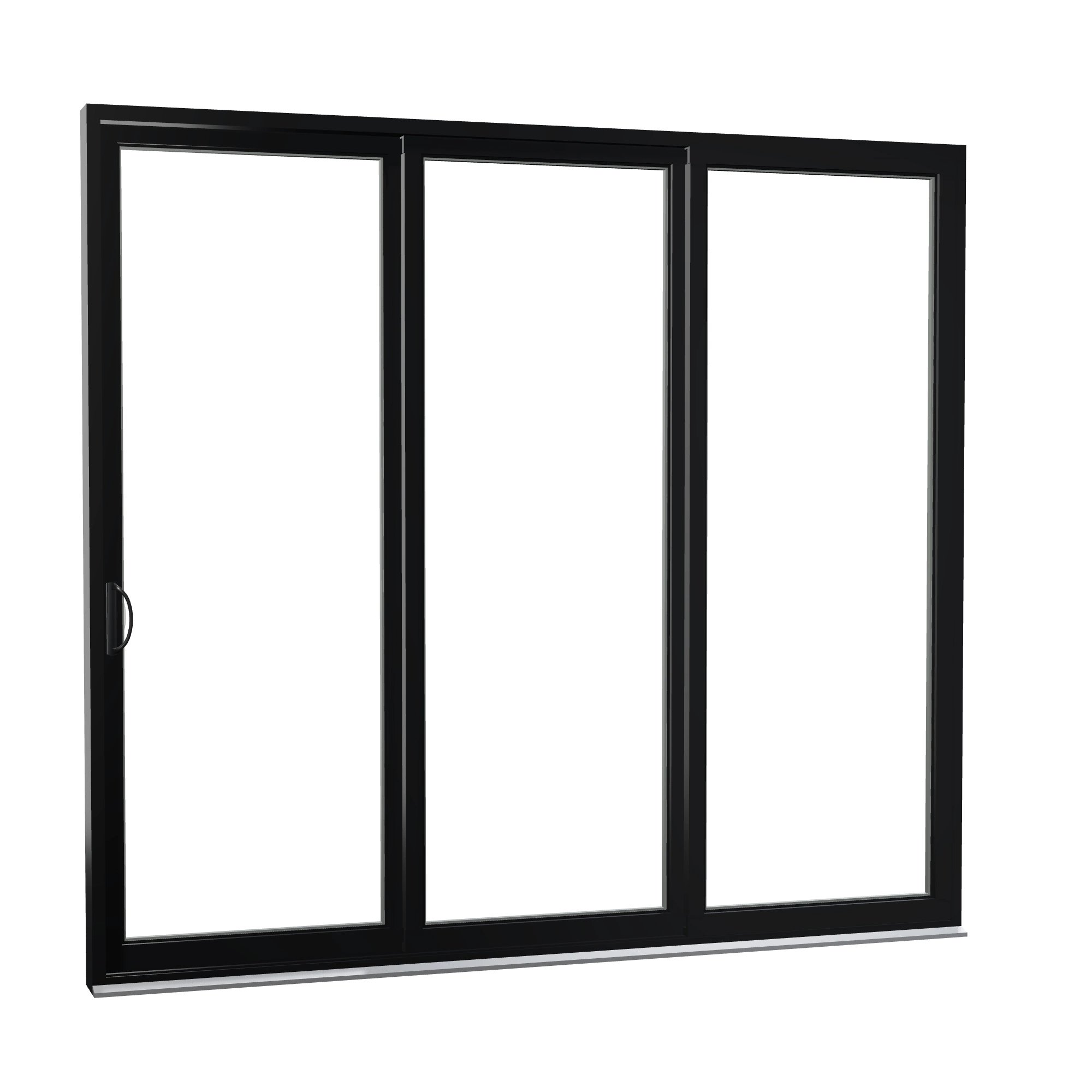 Opposite exterior angle of Rimini 104.44 × 95.25 inch 3-Panel XXO Vinyl Sliding Patio Door — Black / White