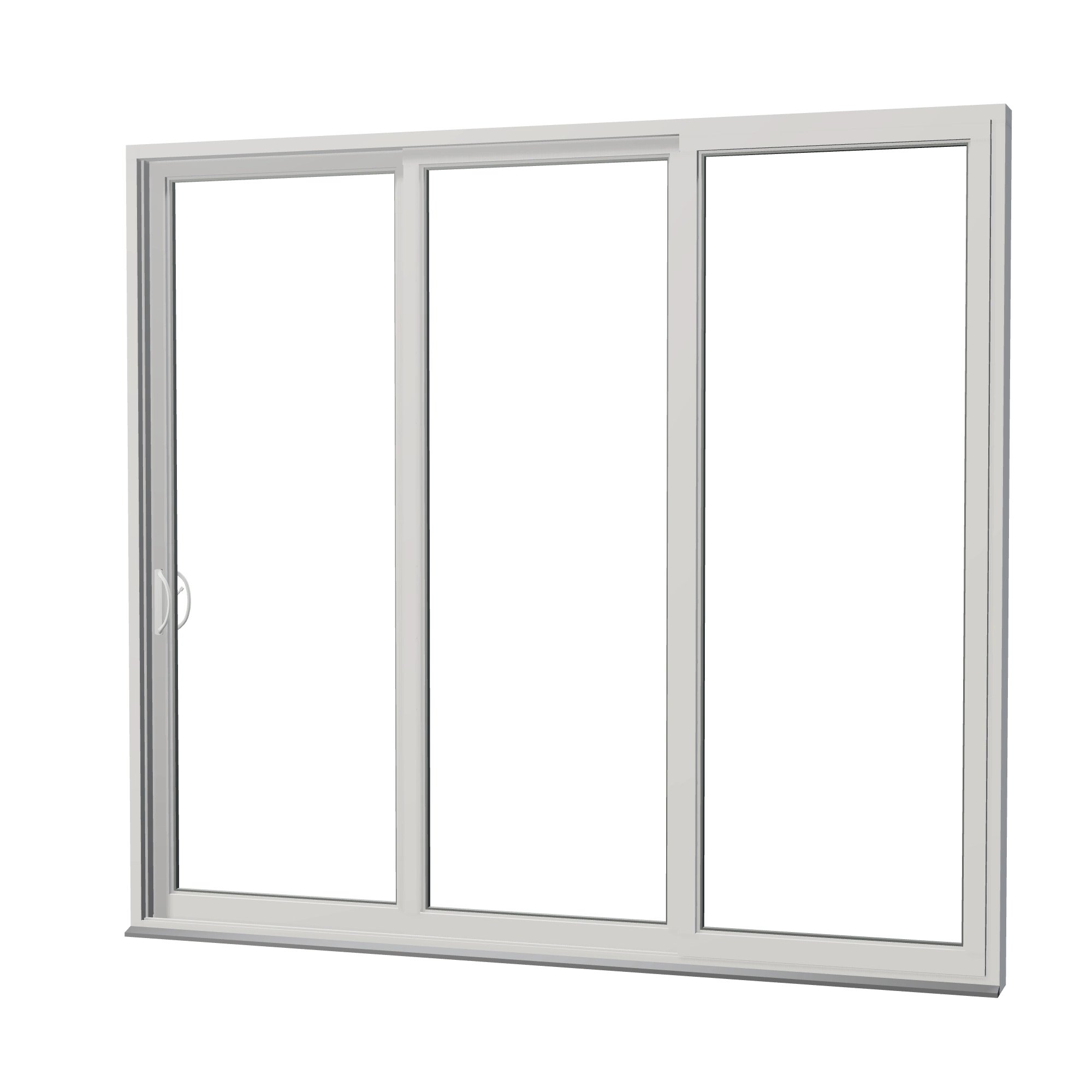 Angled exterior view of Rimini 104.44 × 95.25 inch 3-Panel XXO Vinyl Sliding Patio Door — White / White