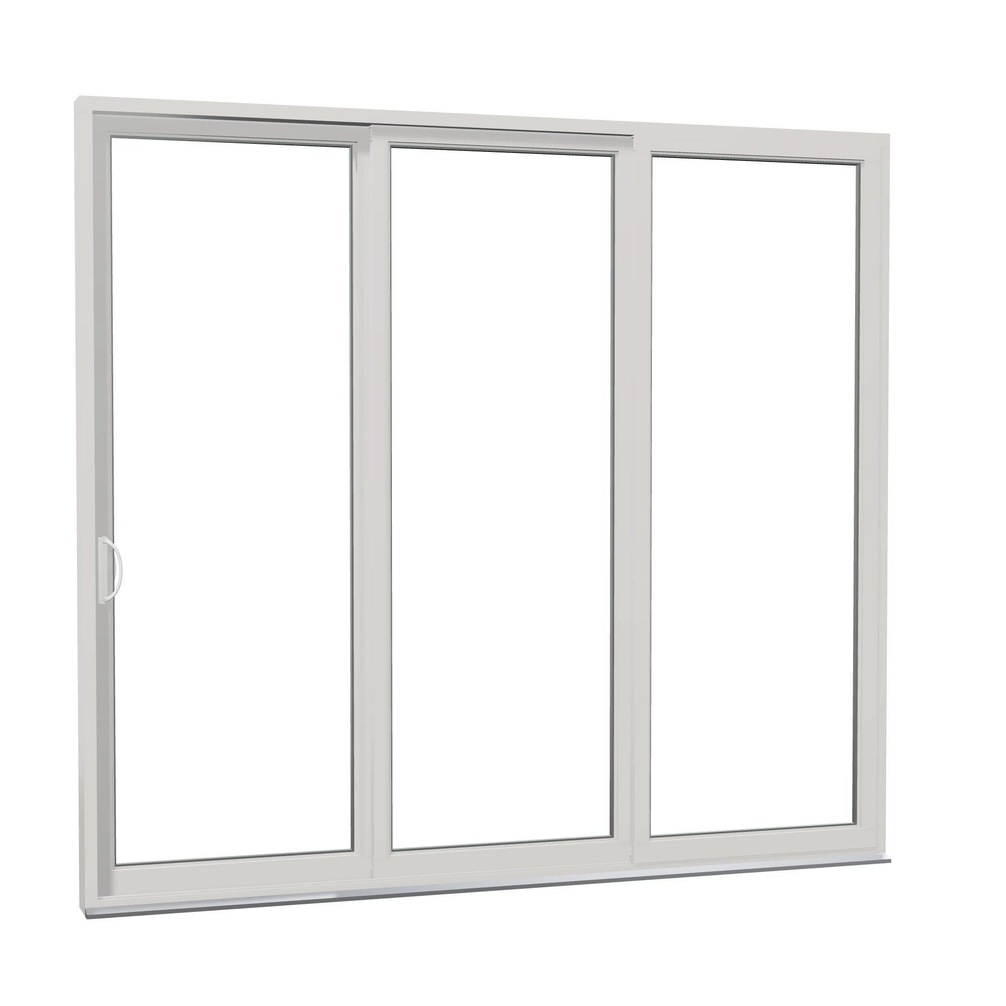 Opposite exterior angle of Rimini 104.44 × 95.25 inch 3-Panel XXO Vinyl Sliding Patio Door — White / White
