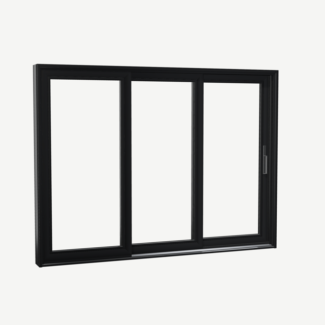 Angled exterior view of a black Aria 1.0 patio door