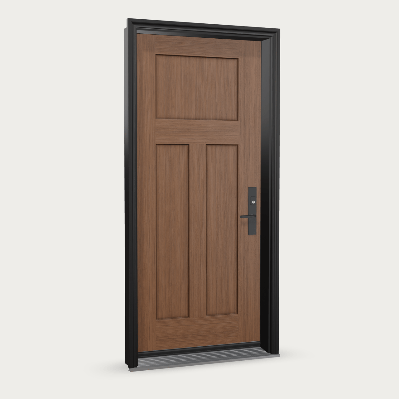Two-panel Craftsman Fiberglass Entry Door shown with optional finish and hardware upgrades