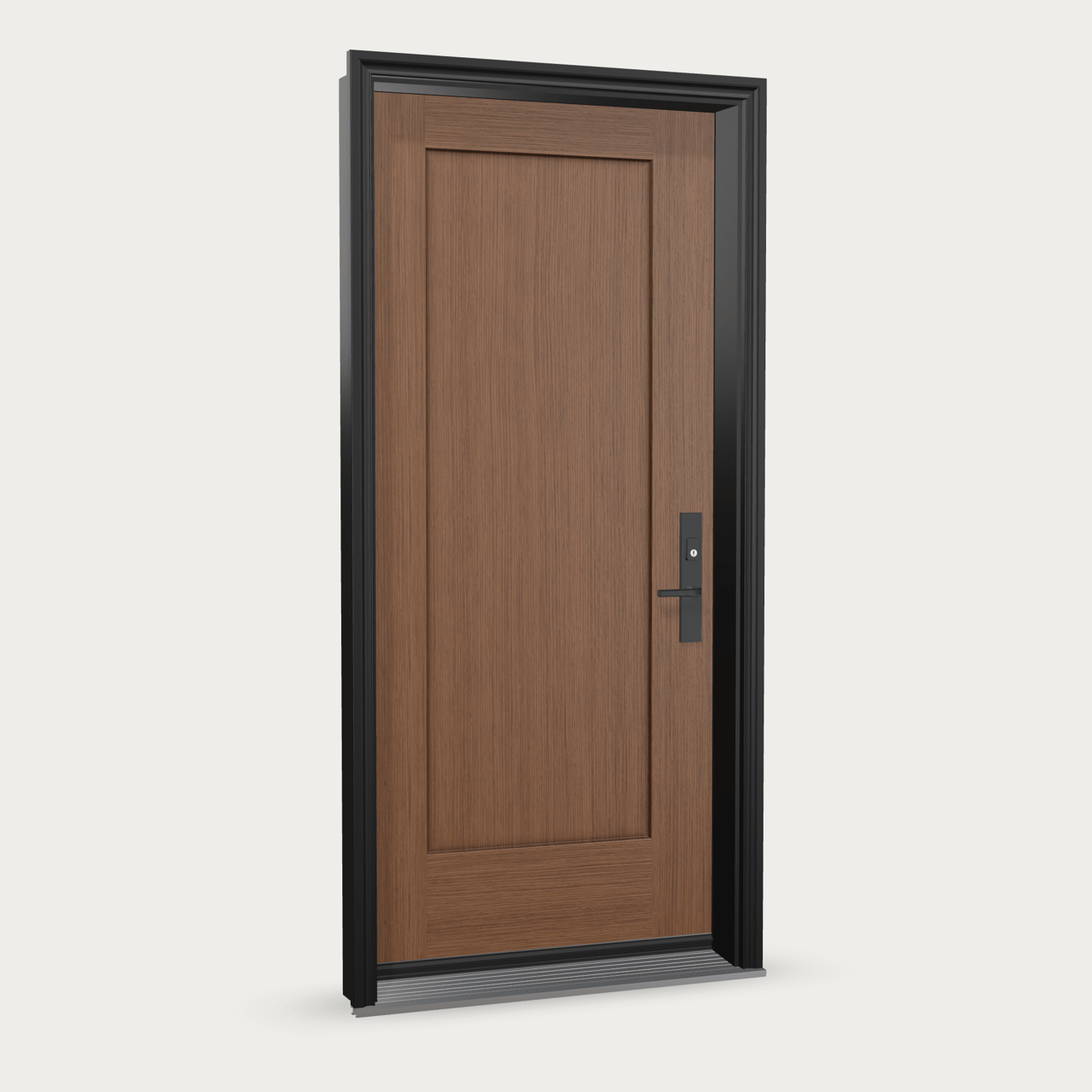 One panel Shaker Fiberglass Entry Door shown with optional finish and hardware upgrades