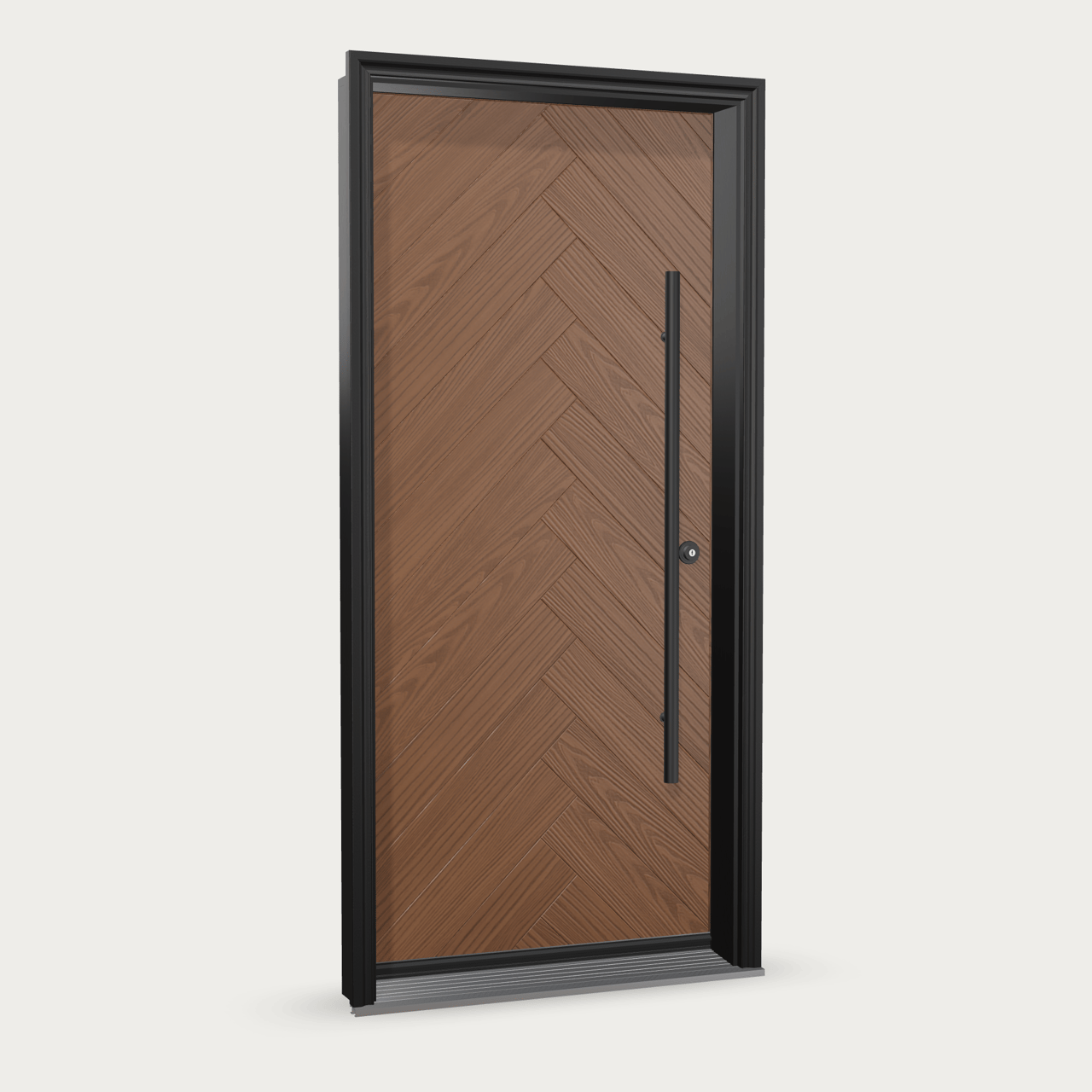 Panes Signature Muskoka Fiberglass Entry Door shown with optional finish and hardware upgrades