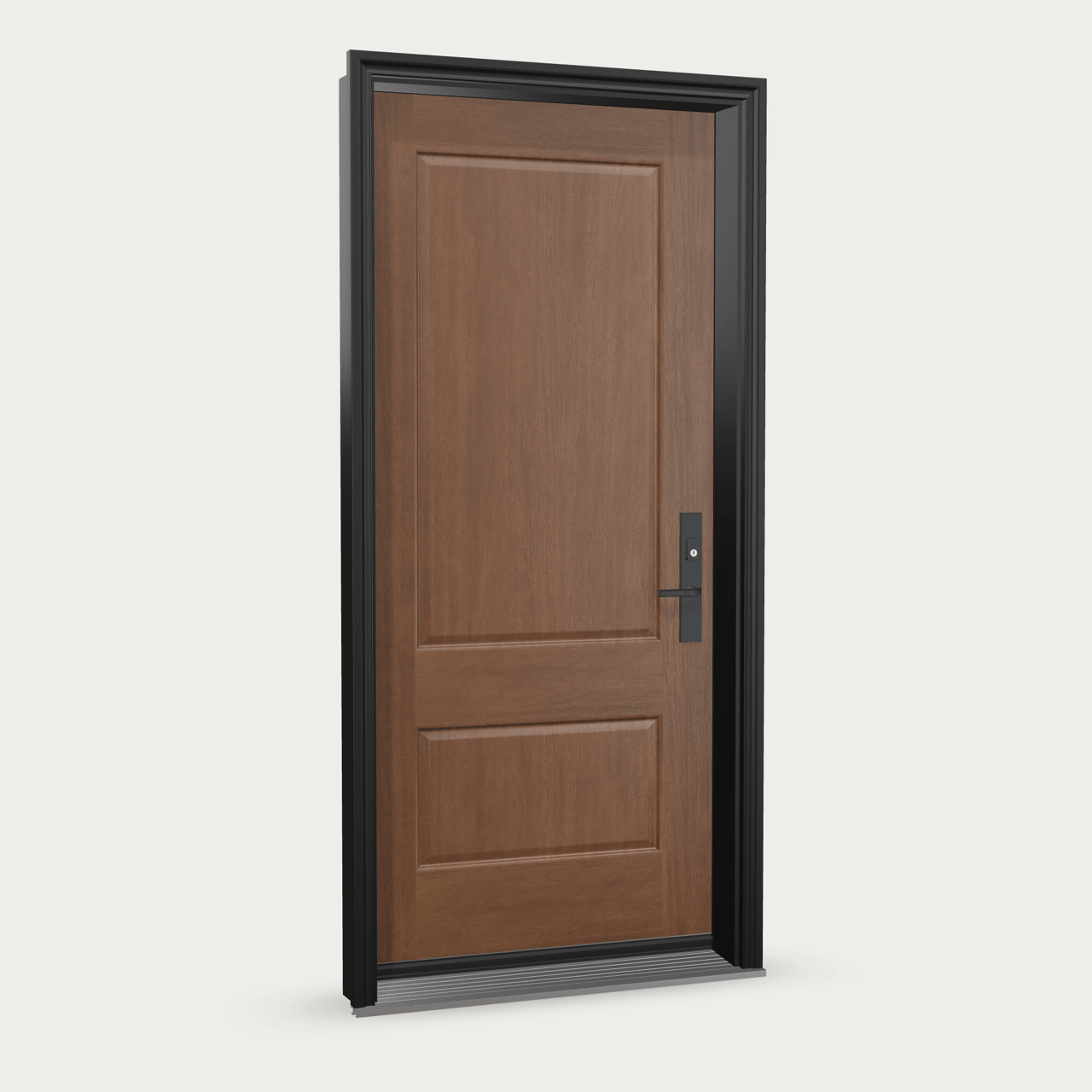 Two Panel Fiberglass Entry Door shown with optional finish and hardware upgrades