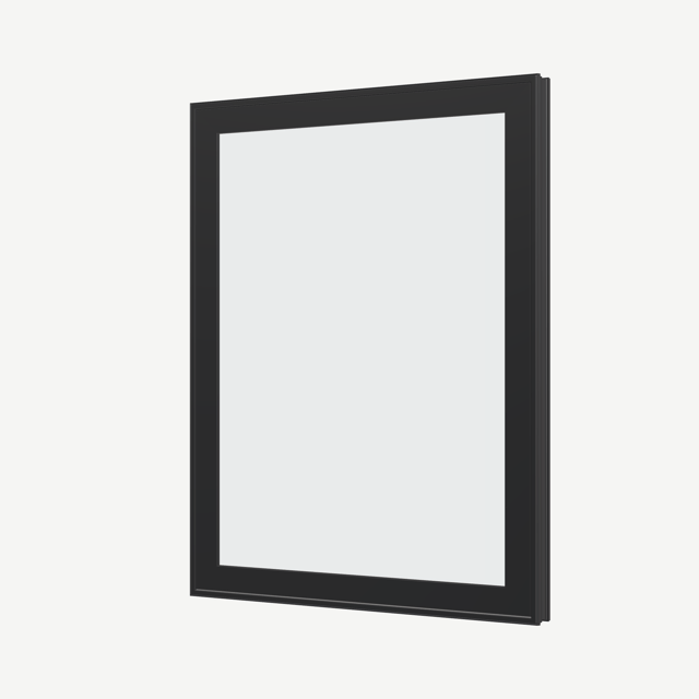 Angled exterior view of a black high fix window, fixed with no opening symbols