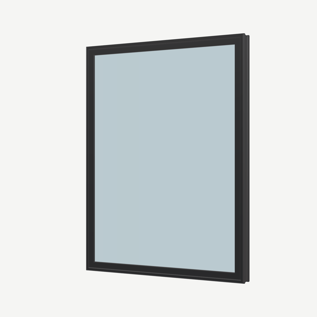 Angled exterior view of a black picture window, fixed with no opening symbols