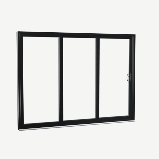 Angled exterior view of a black Rimini 2.0 patio door