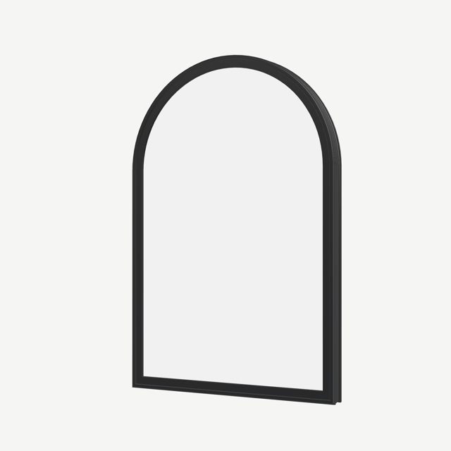 Angled exterior view of a black shaped window, fixed with no opening symbols