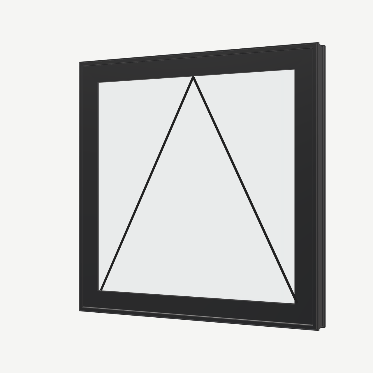 Angled exterior view of a black awning window, with operation symbols on the opening sashes