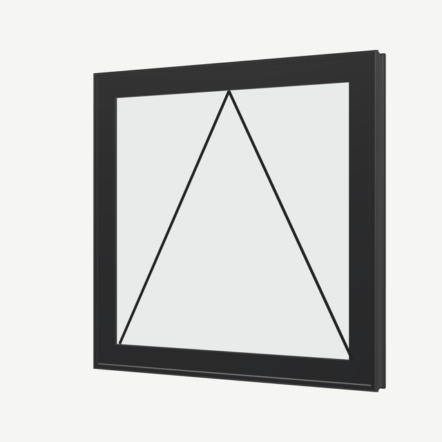 Angled exterior view of a black awning window, with operation symbols on the opening sashes