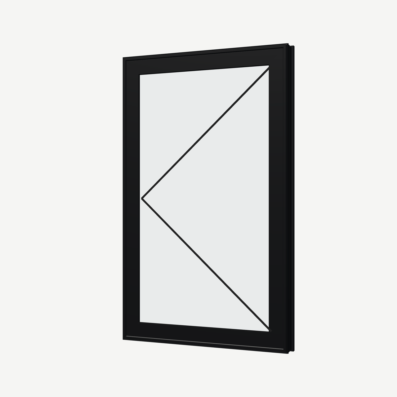 Angled exterior view of a black casement window, with operation symbols on the opening sashes