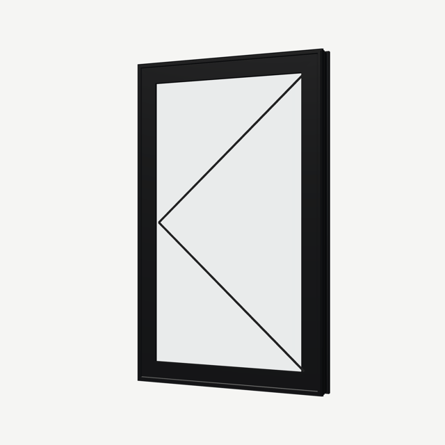 Angled exterior view of a black casement window, with operation symbols on the opening sashes
